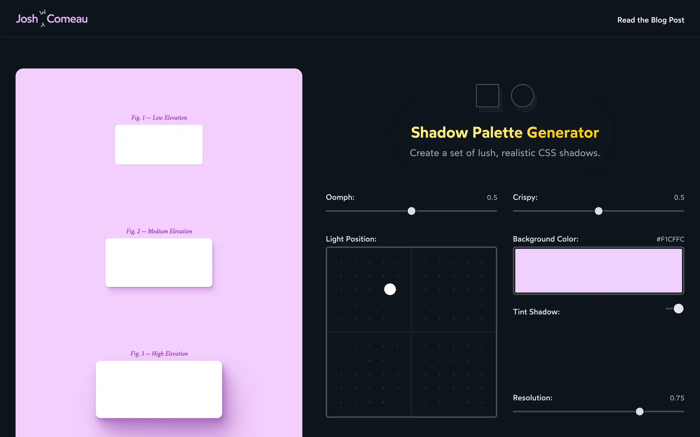 CSS shadow generator with elevation examples.