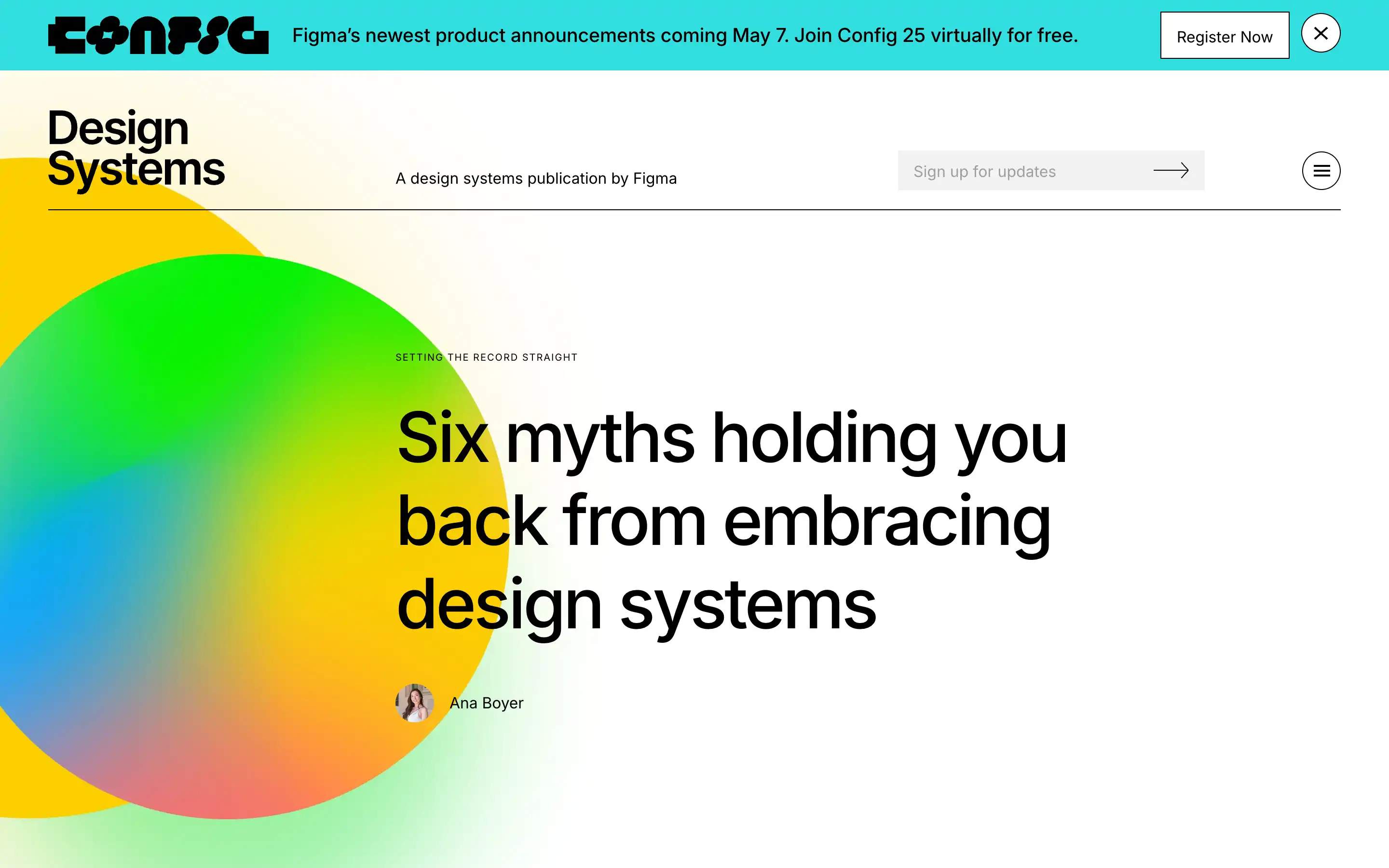 Six myths about design systems, Figma article preview.