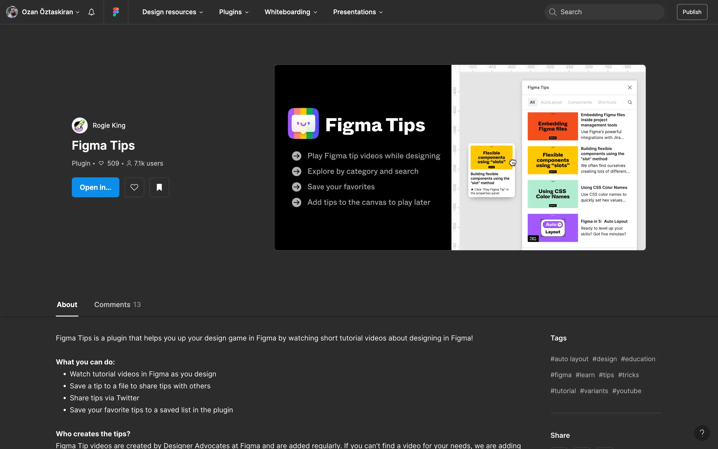 Figma Tips plugin interface with tutorial categories.