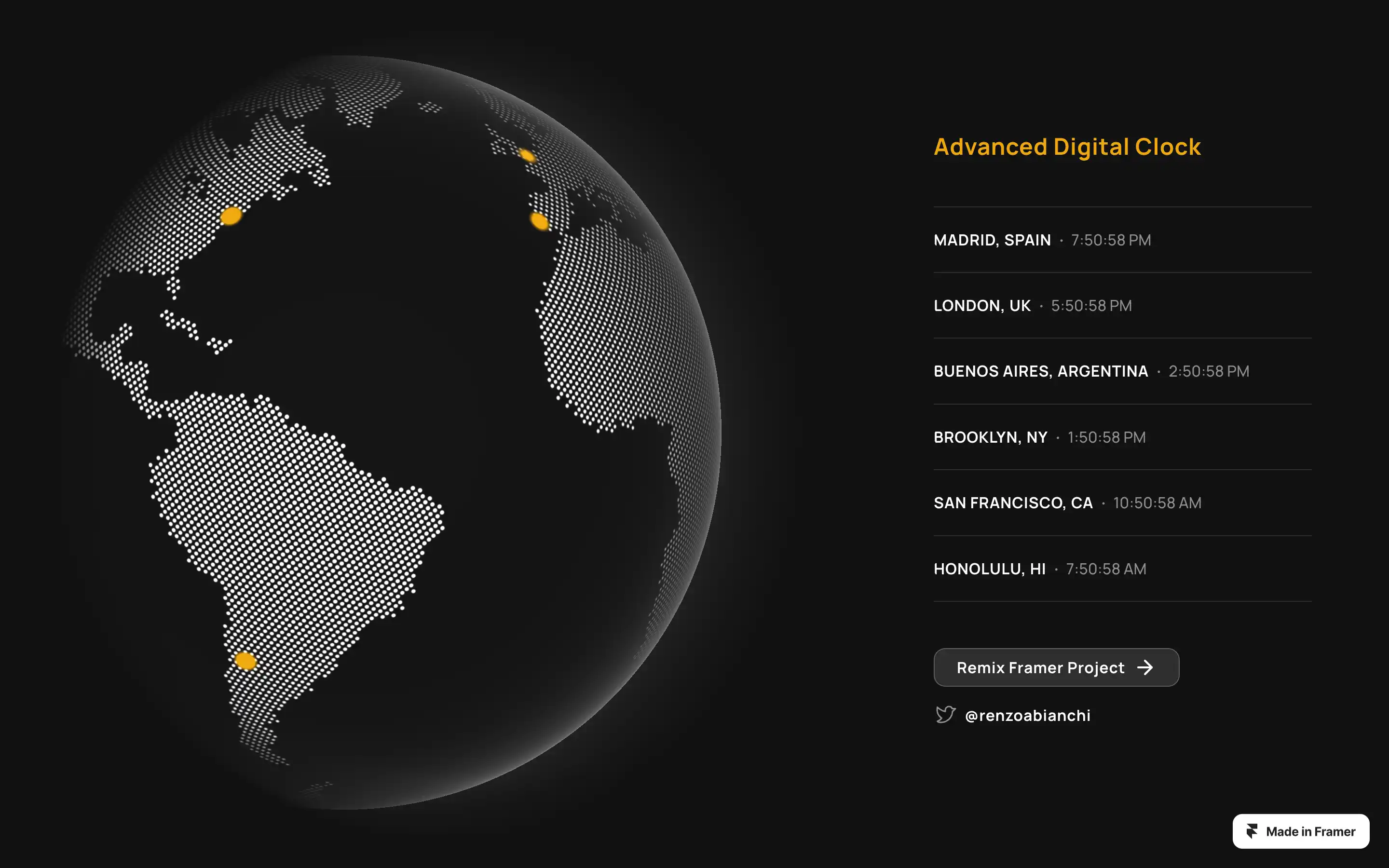 World map with digital clock times for cities.