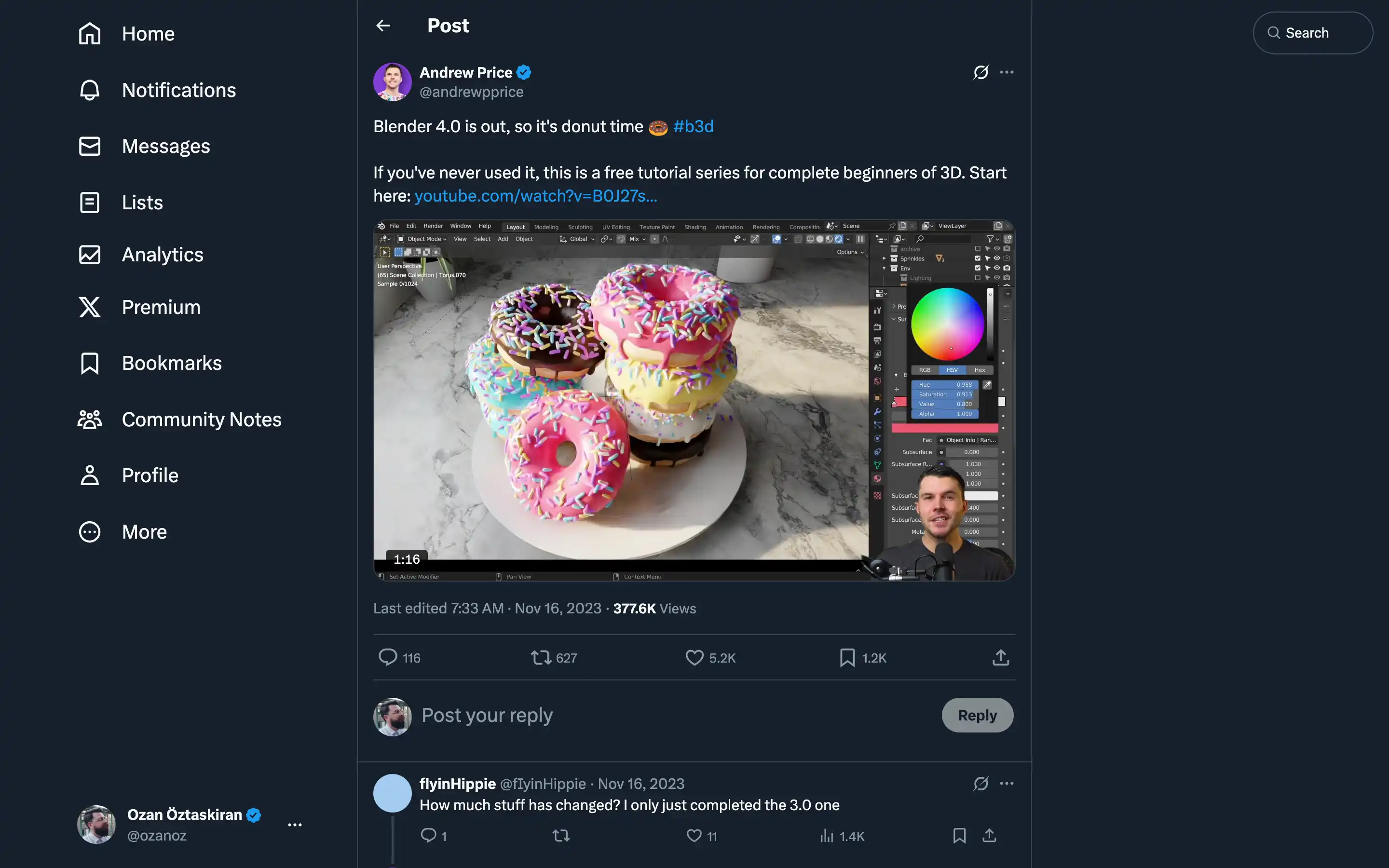 3D donuts in Blender video tutorial screen.