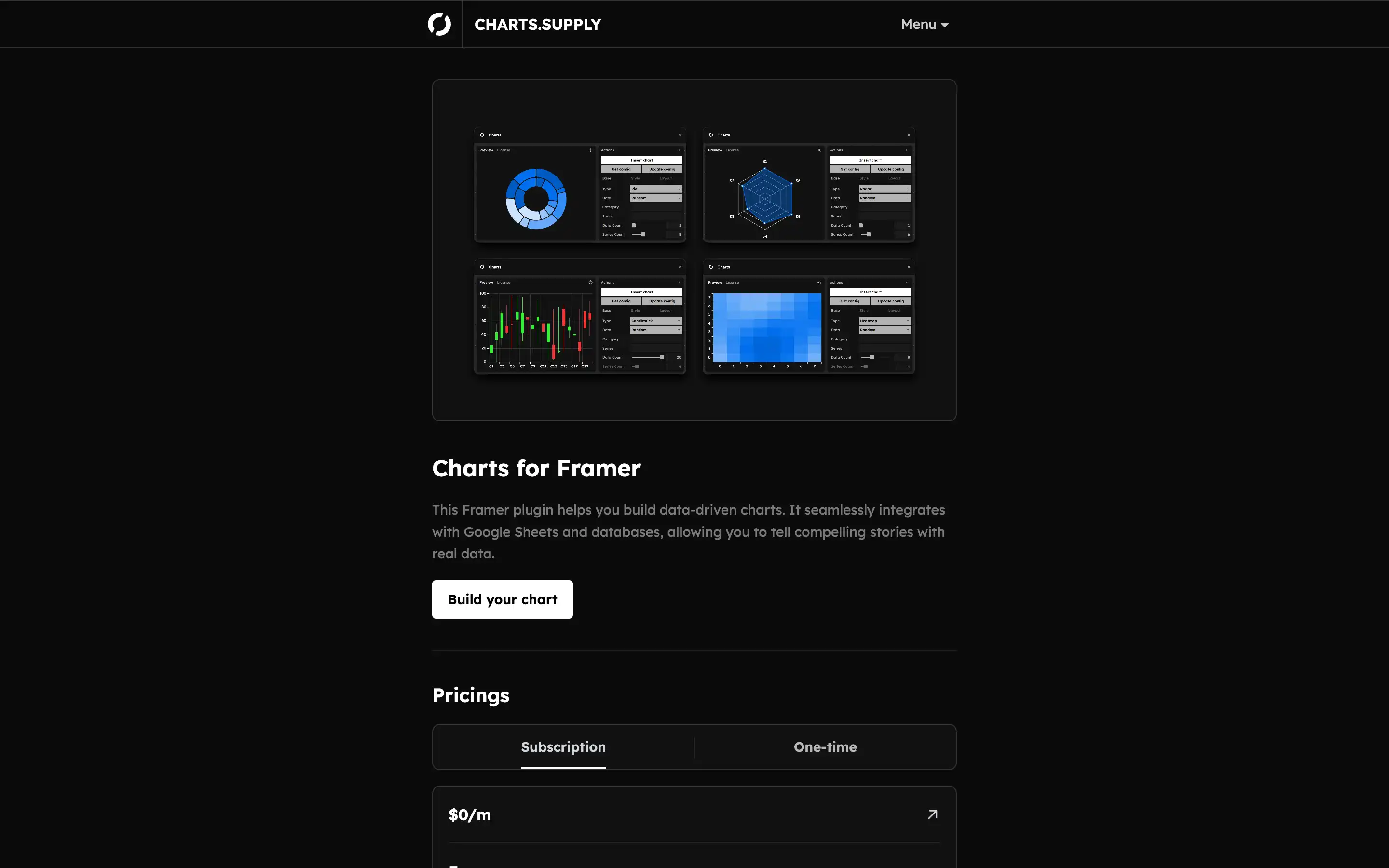 Framer plugin for data-driven charts with pricing details.