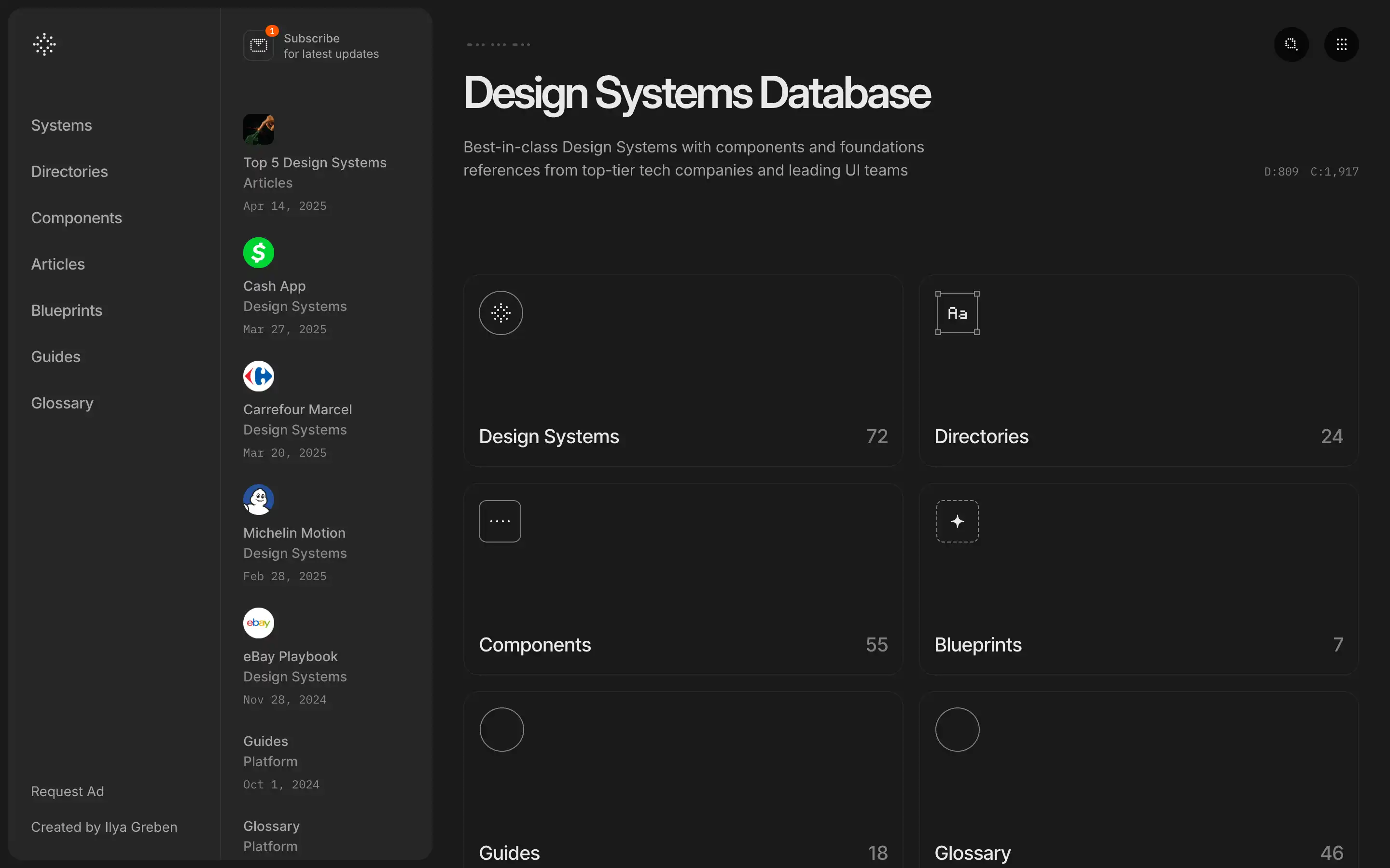Design Systems Database interface screenshot.