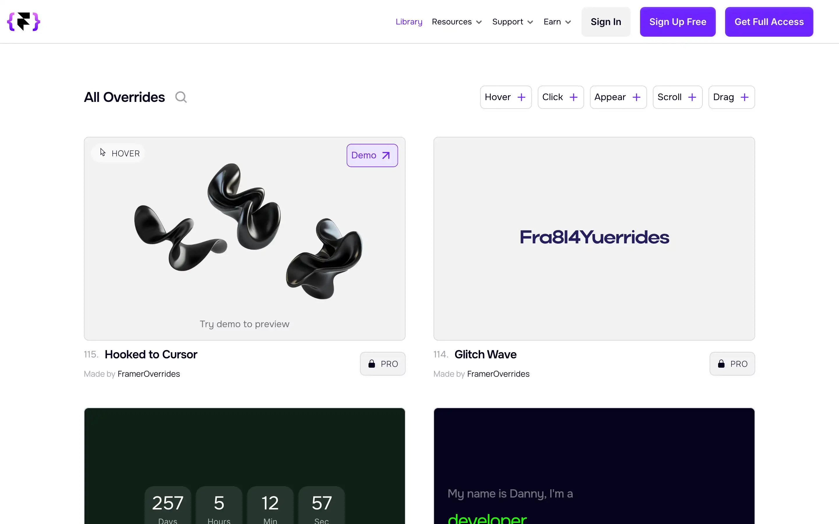 UI design library with hover and glitch effects