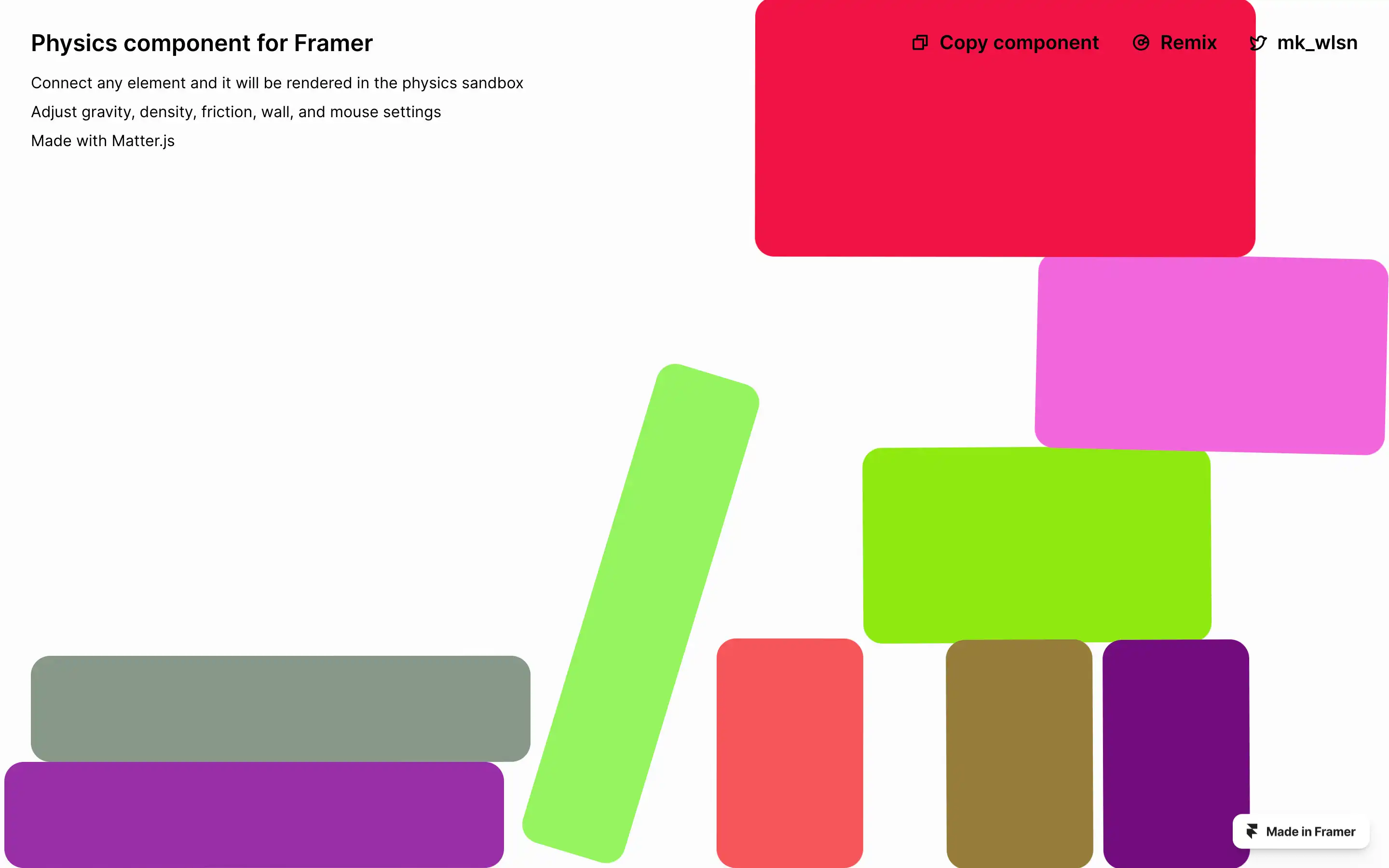 Colorful shapes showcasing Framer physics component.