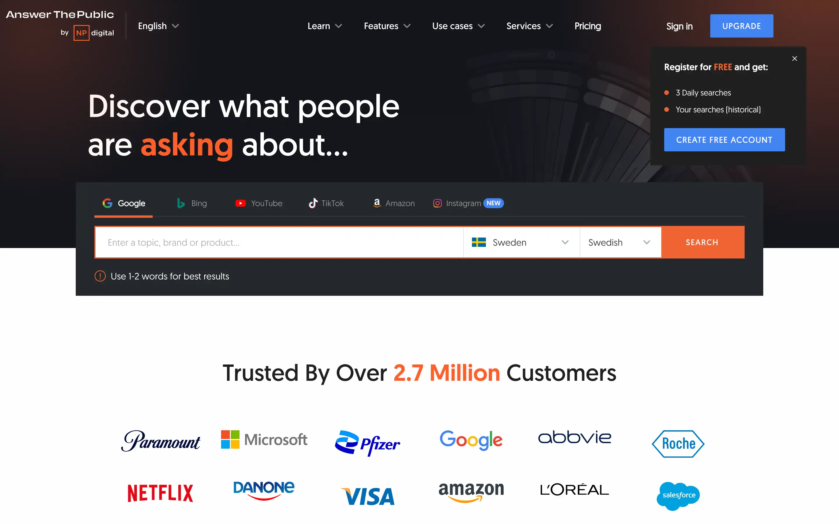 AnswerThePublic homepage with search bar and brands displayed.