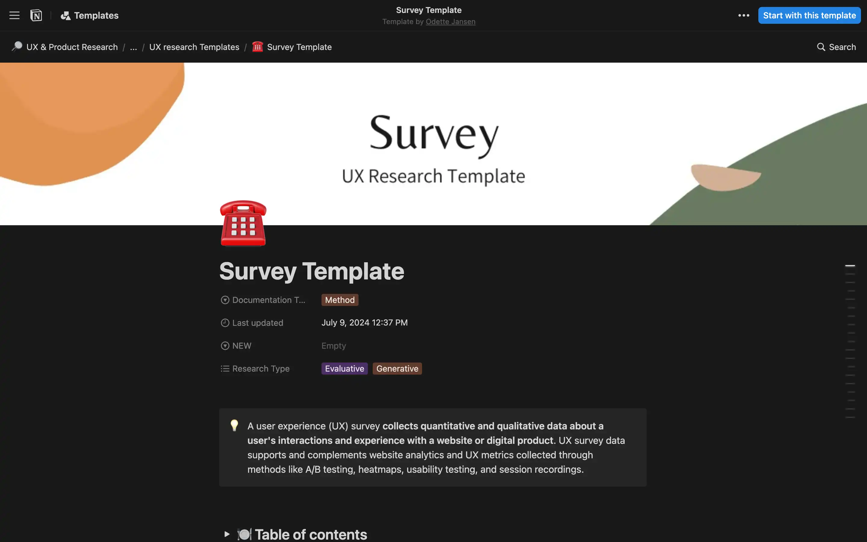 UX survey template page with description and icons