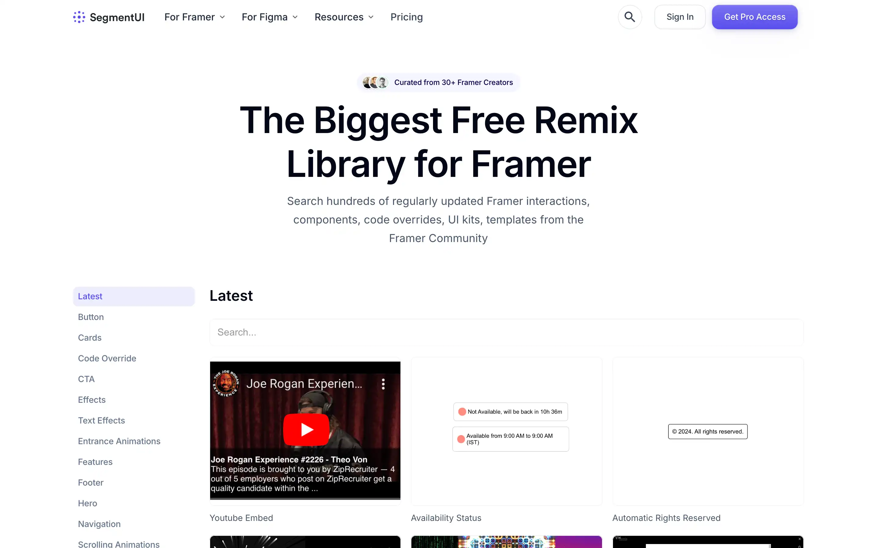 Free Remix Library for Framer homepage with search options.