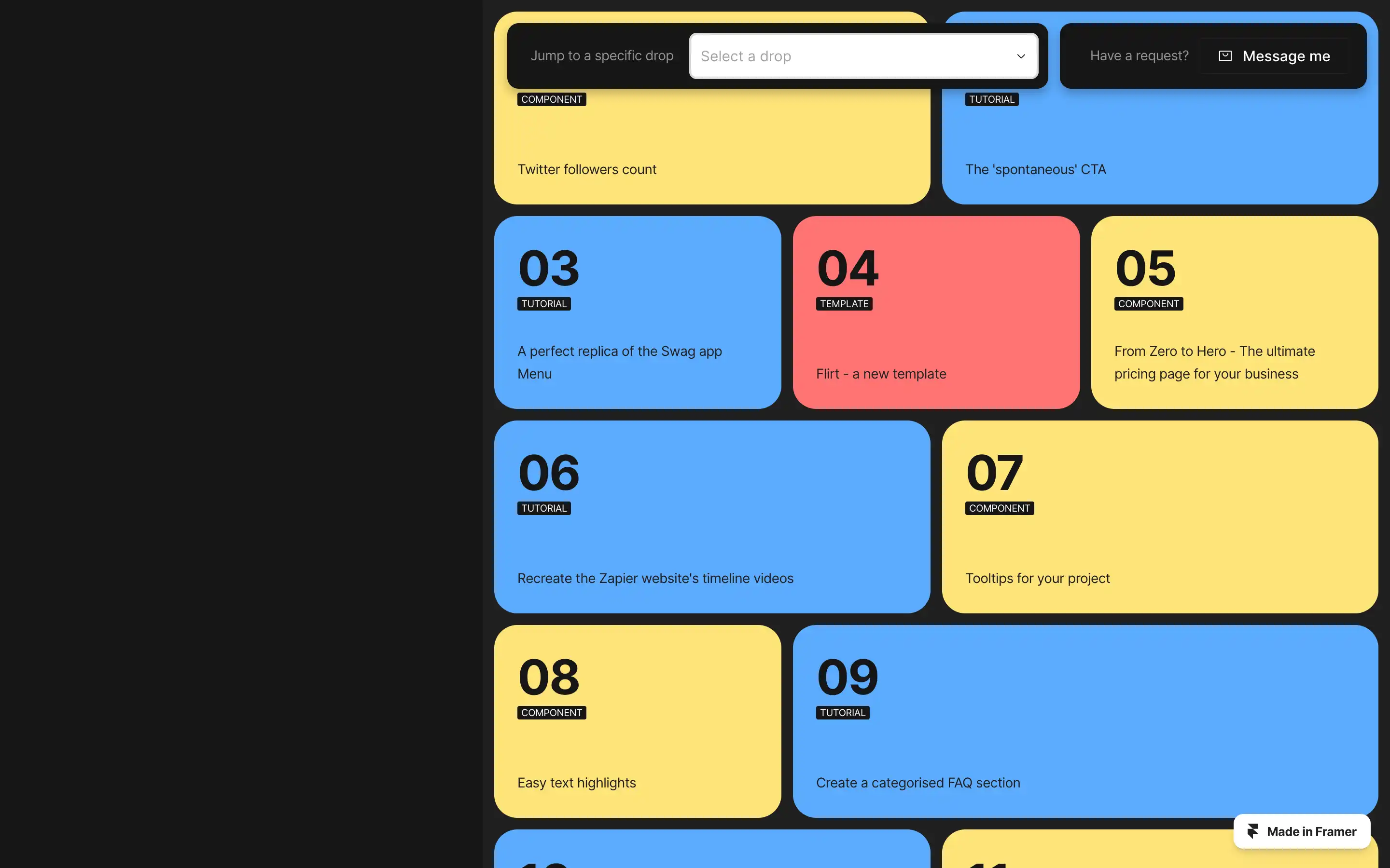 Interactive webpage grid with tutorials and components