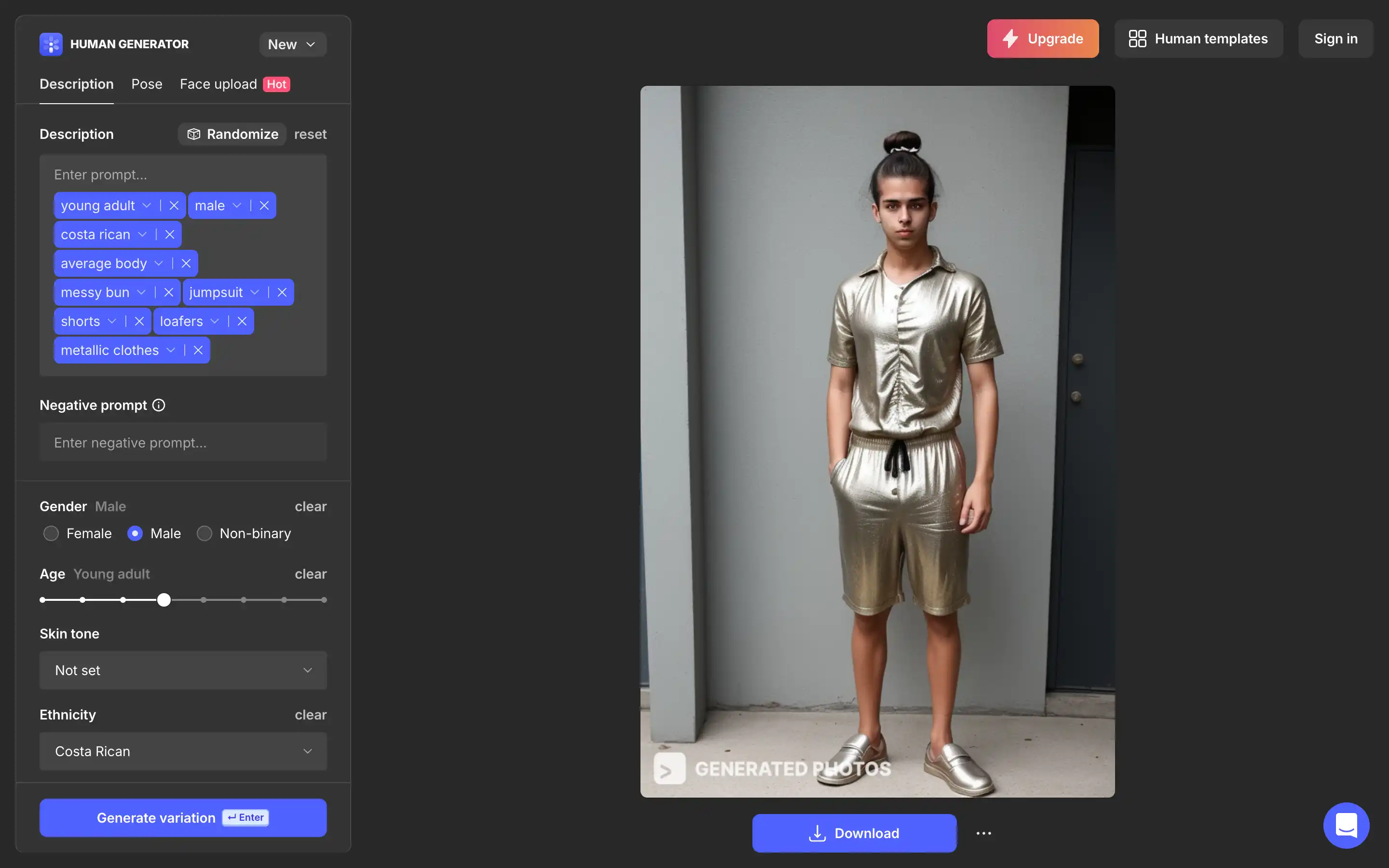Person wearing metallic jumpsuit and loafers