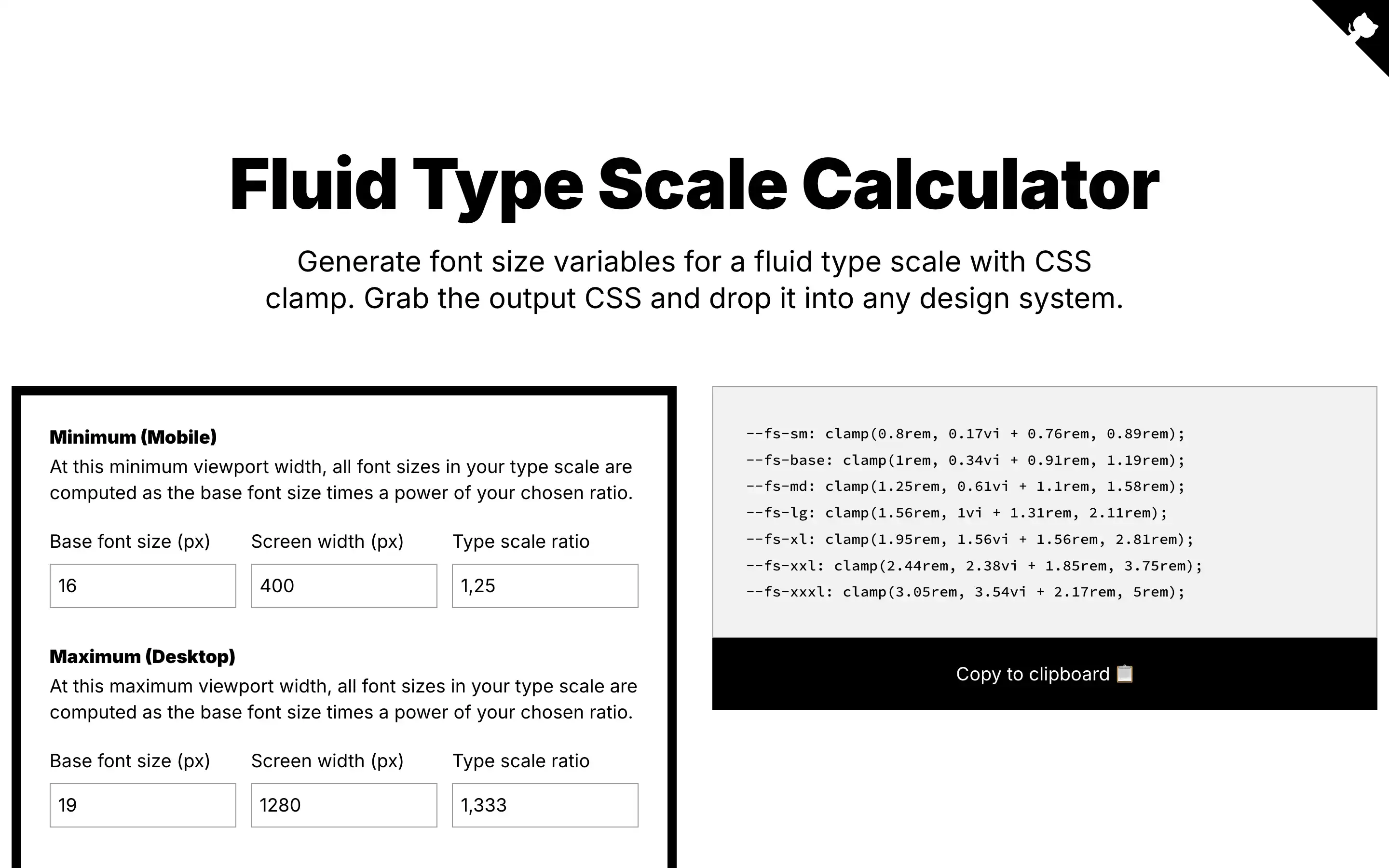 Fluid Type Scale Calculator for responsive CSS design.