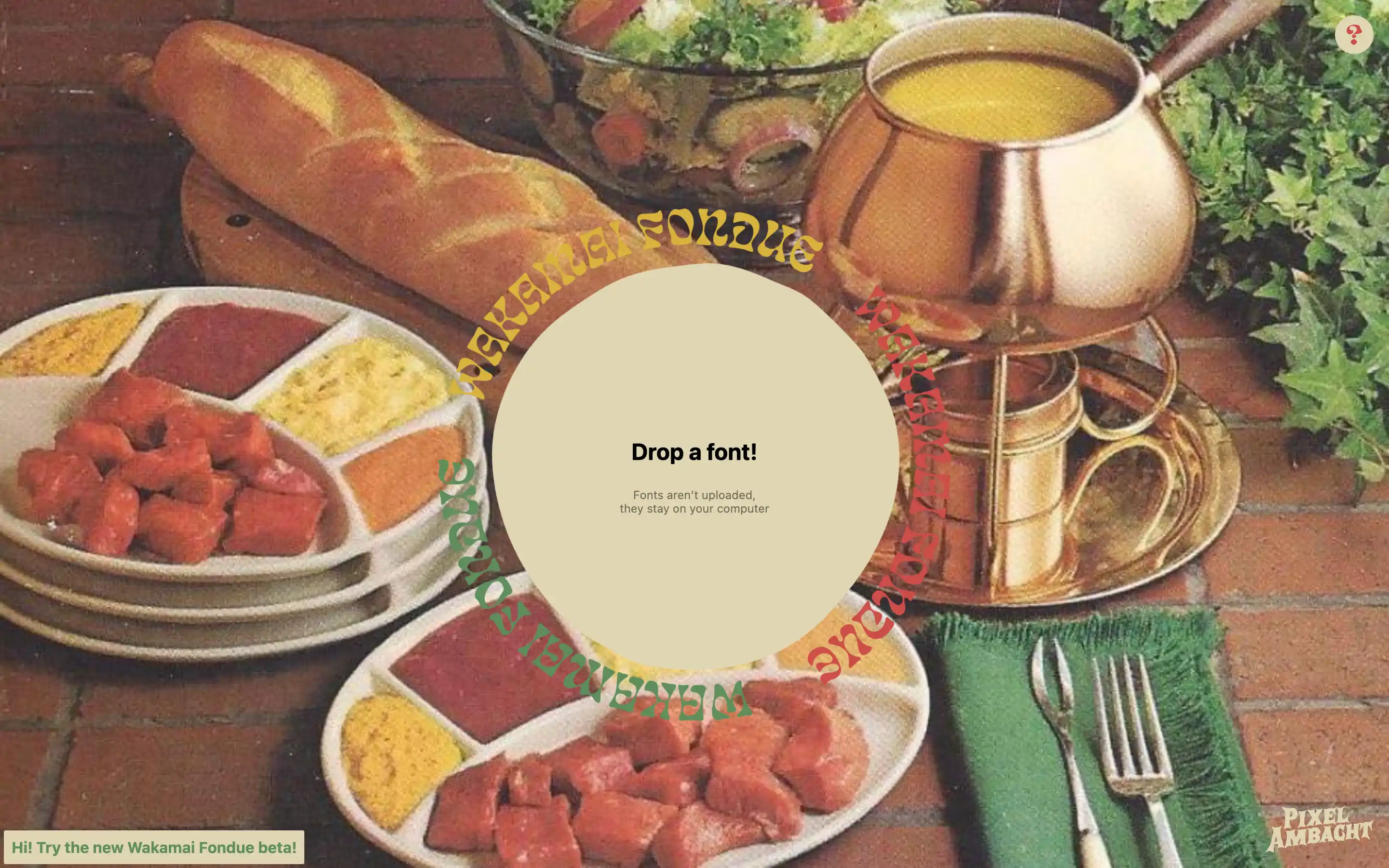 Fondue setup with bread and dipping sauces.