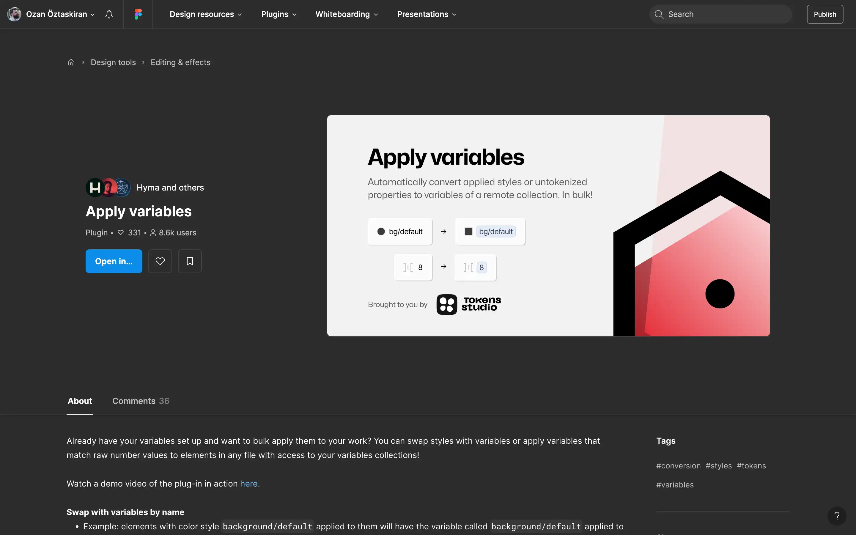 Screenshot of Apply Variables plugin page on Figma.