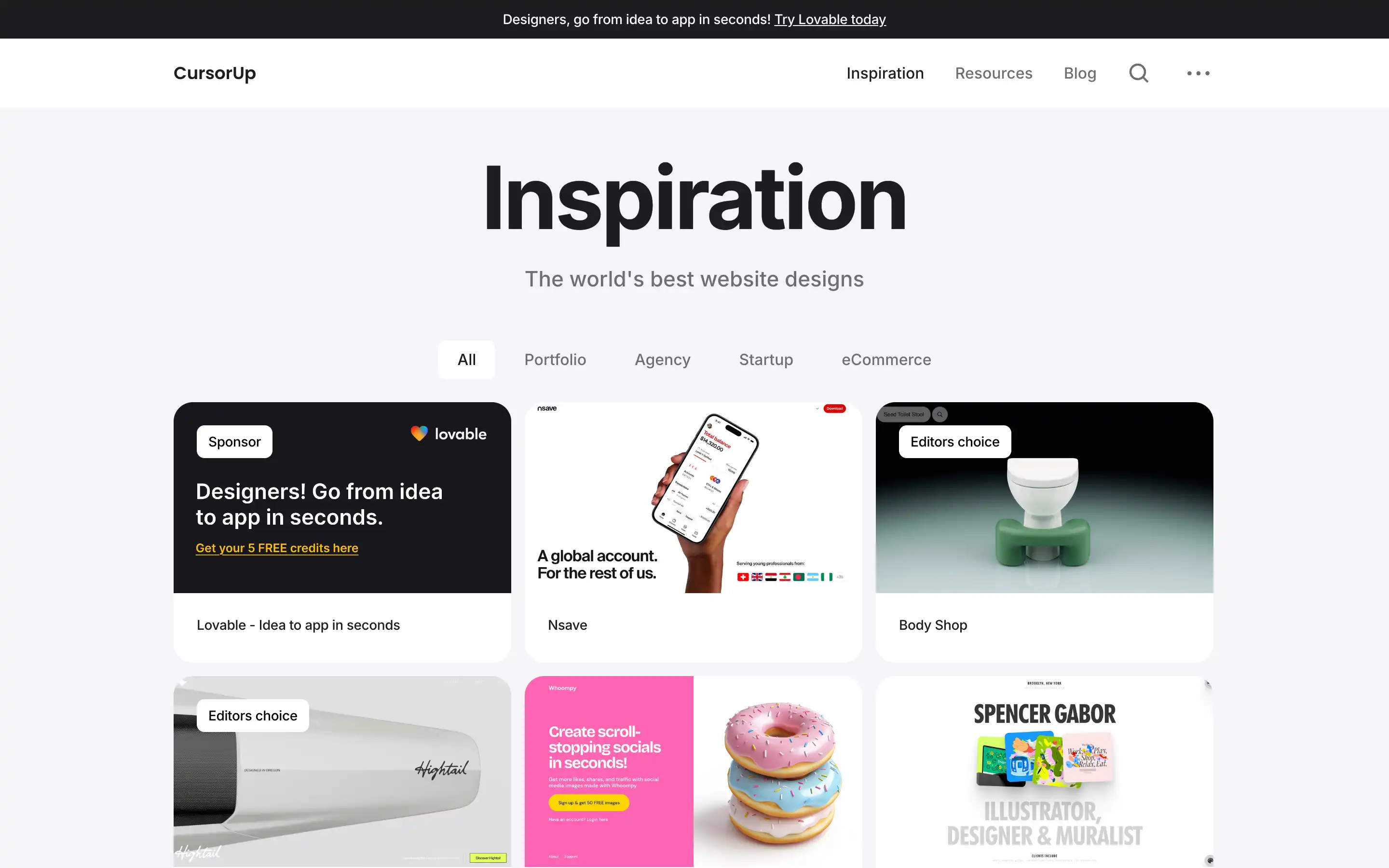 Website design inspiration gallery with diverse categories.