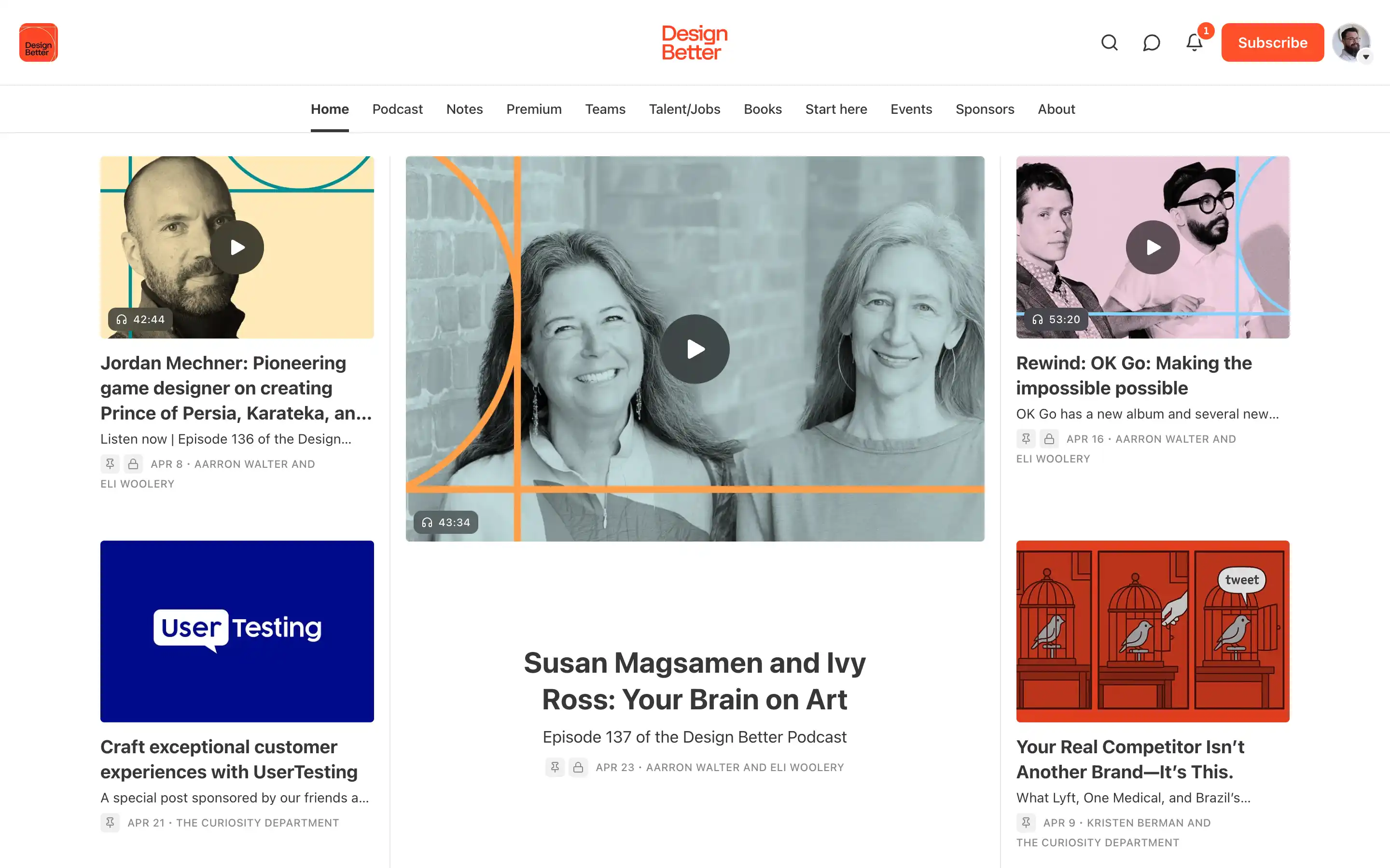 Design Better podcast episodes and articles overview.