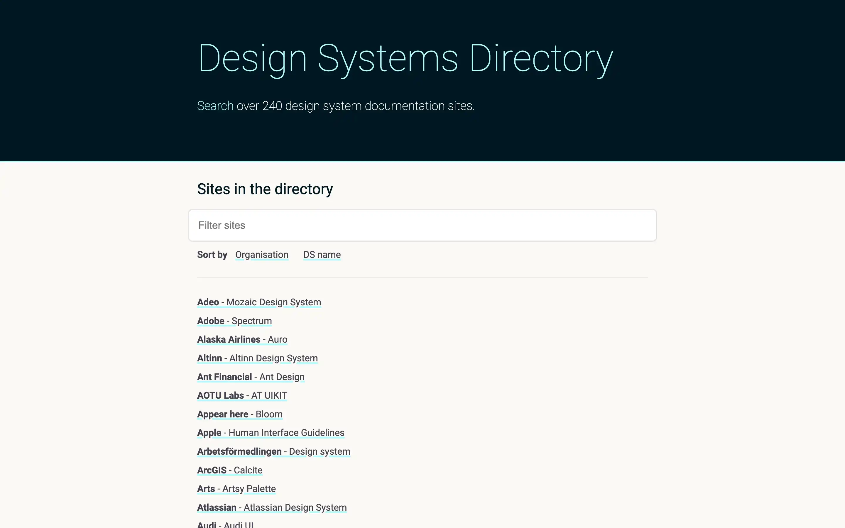 Design systems directory with filter and sorting options.