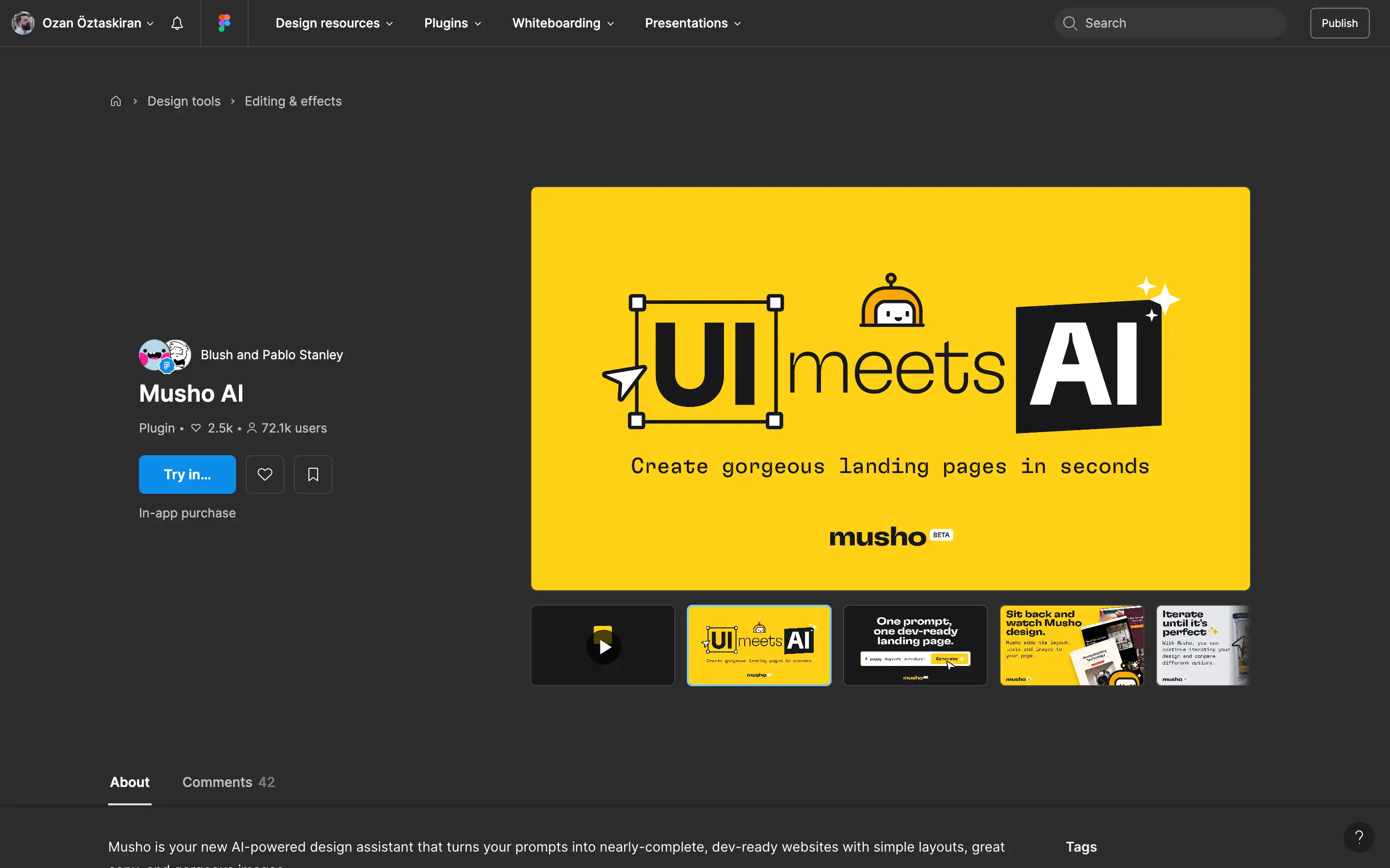 Musho AI plugin for creating landing pages quickly.