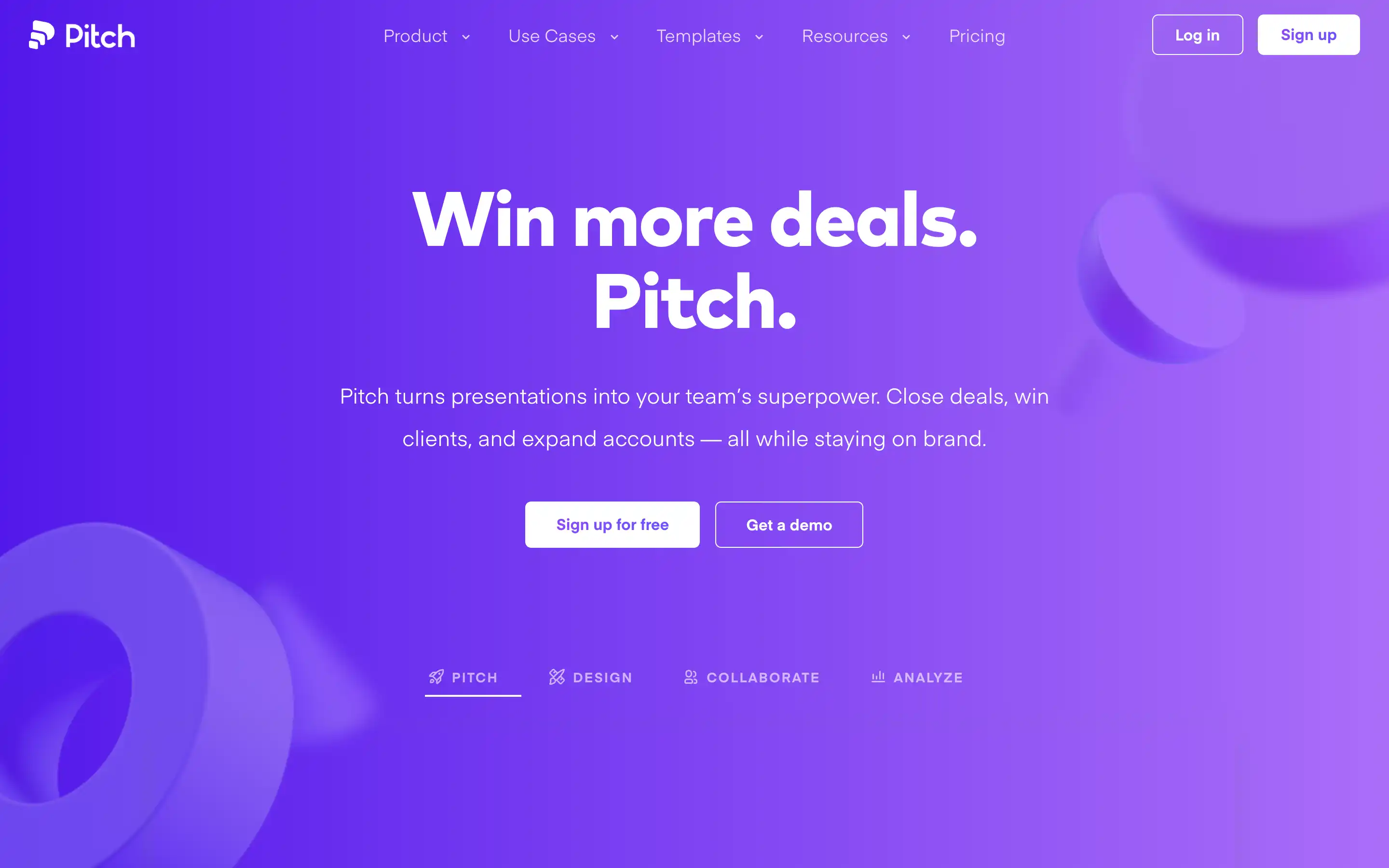 Pitch presentation software homepage overview.