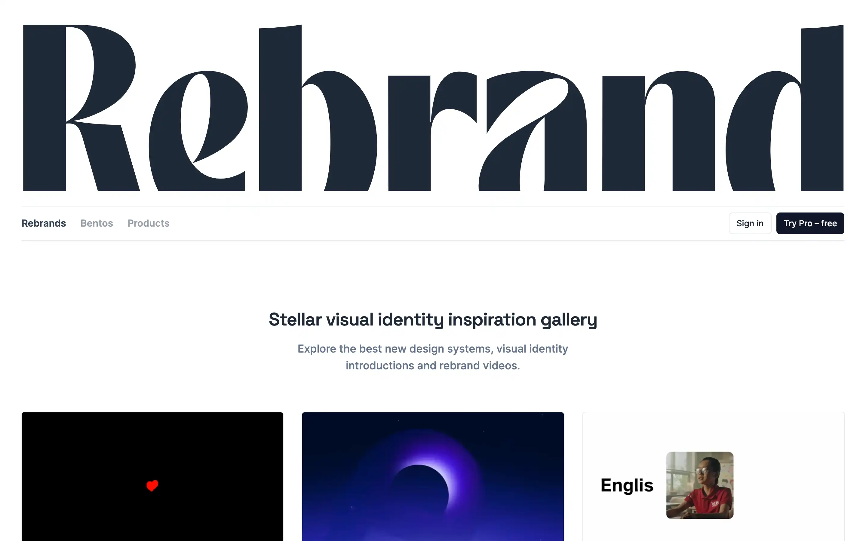 Rebrand visual identity inspiration gallery homepage screenshot.