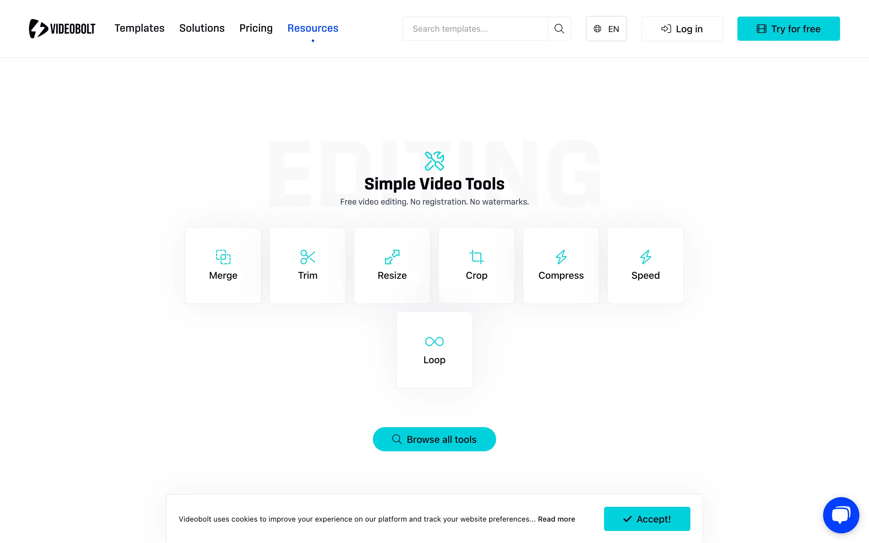 Videobolt video editing tools interface layout.