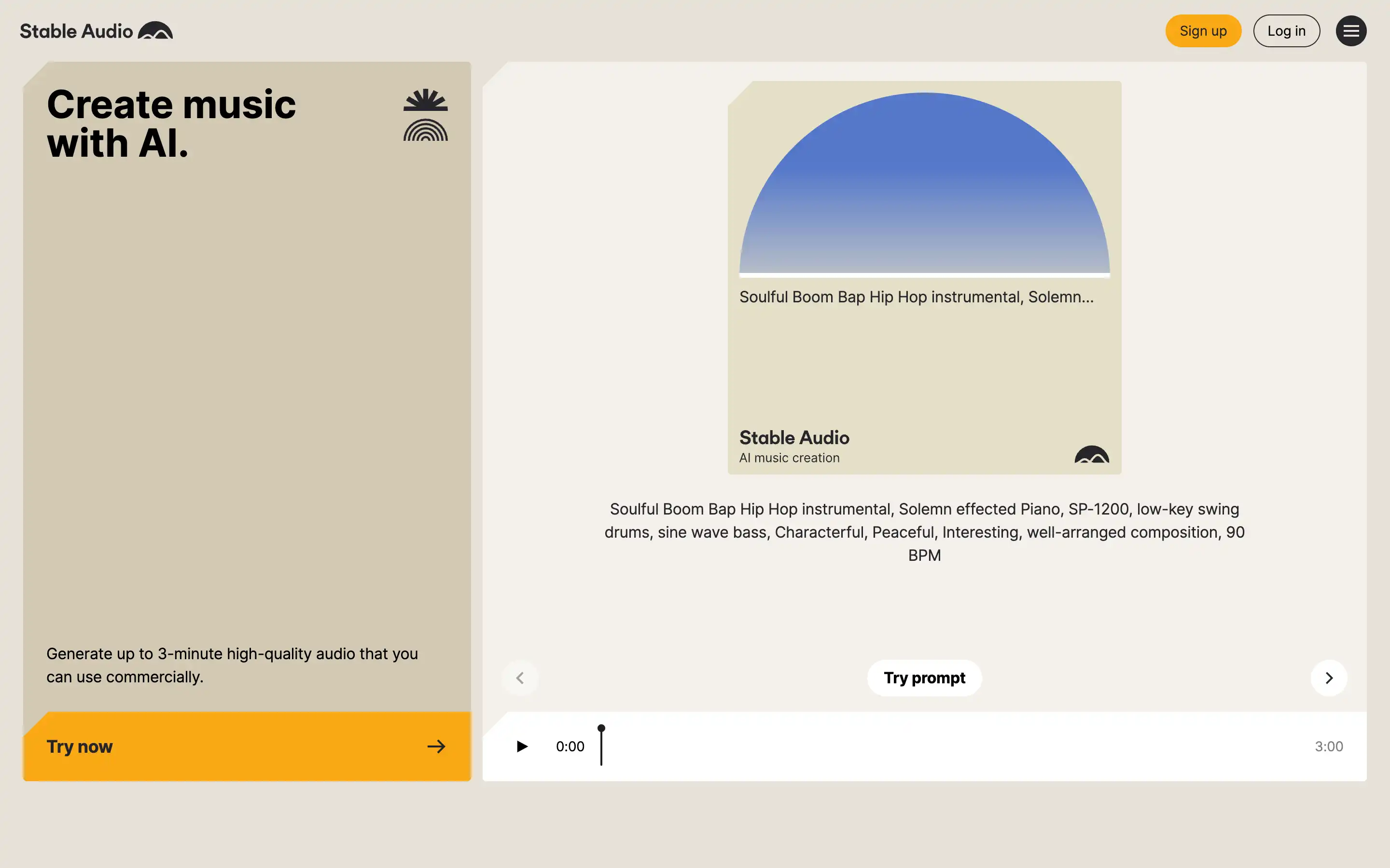 AI-generated music creation interface with playback controls.