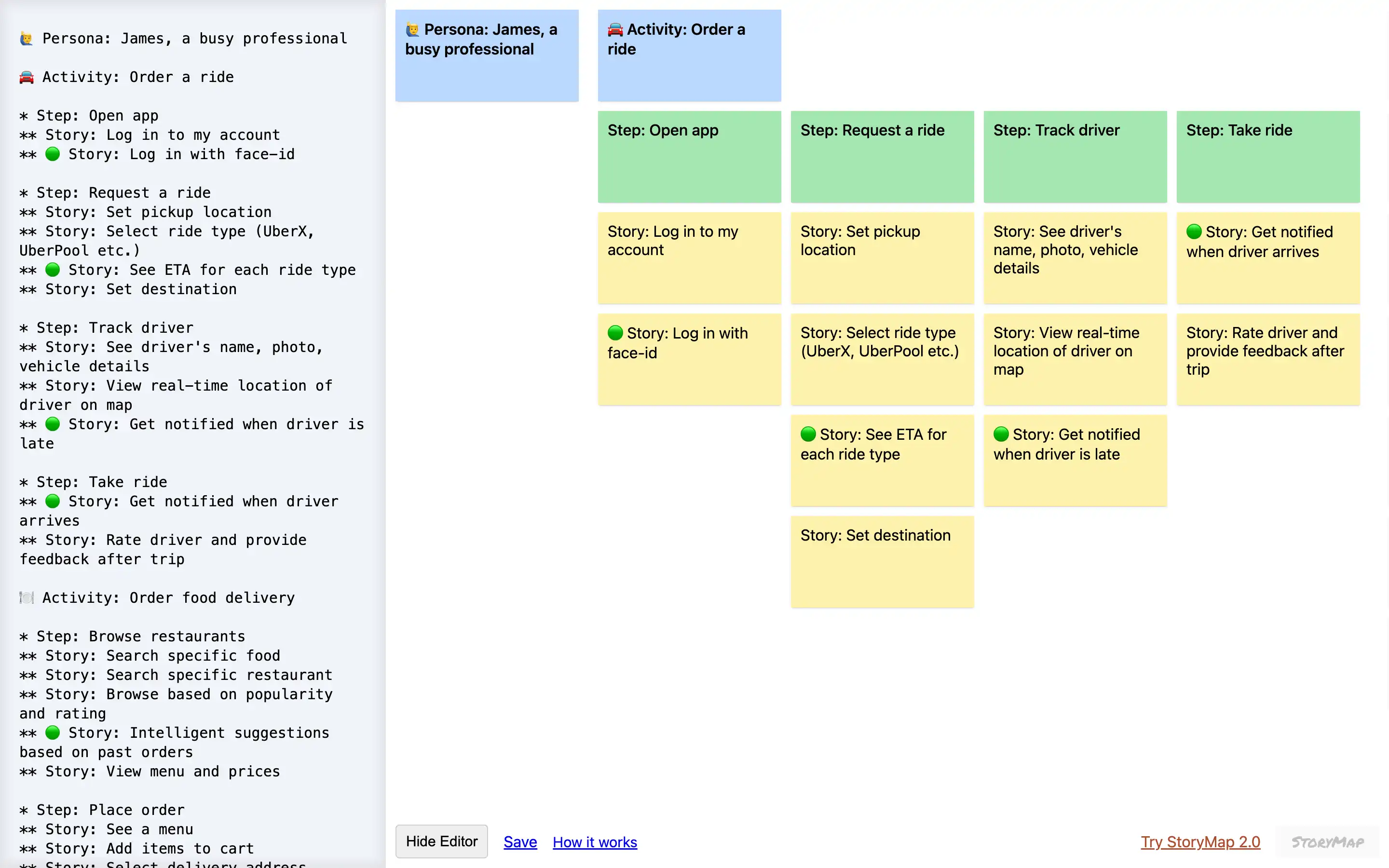 Storyboard of app features for ride and food ordering