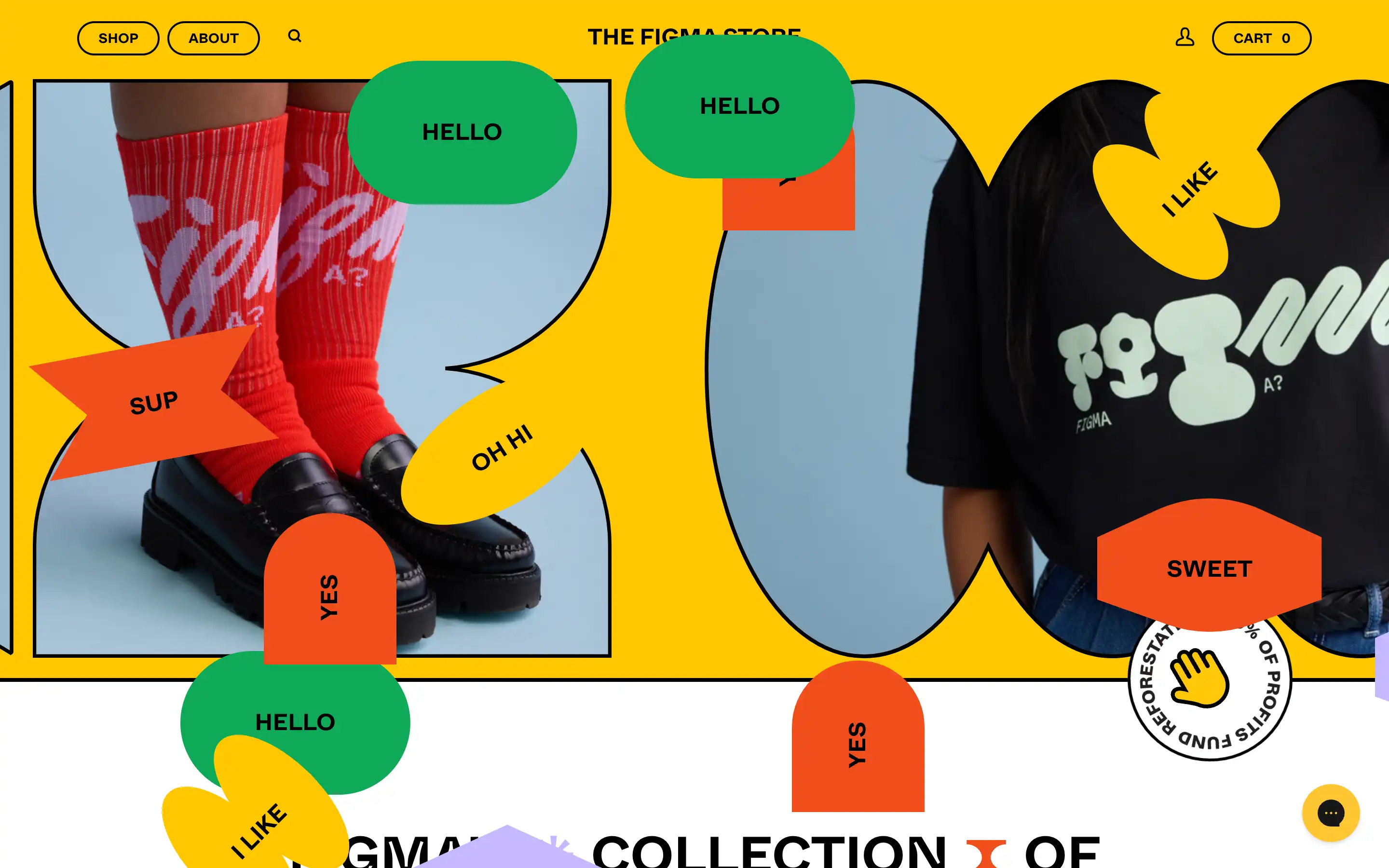 Colorful Figma-themed clothing with graphic elements.