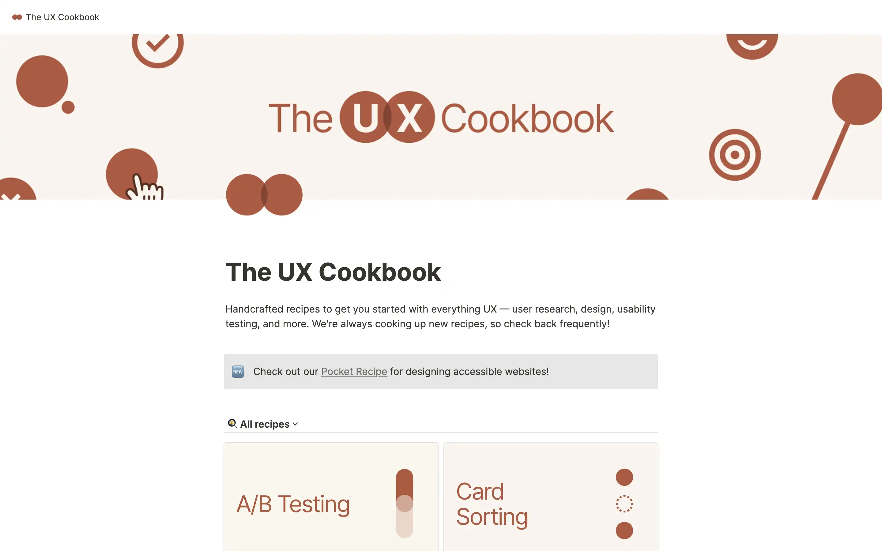 The UX Cookbook homepage with recipe categories.