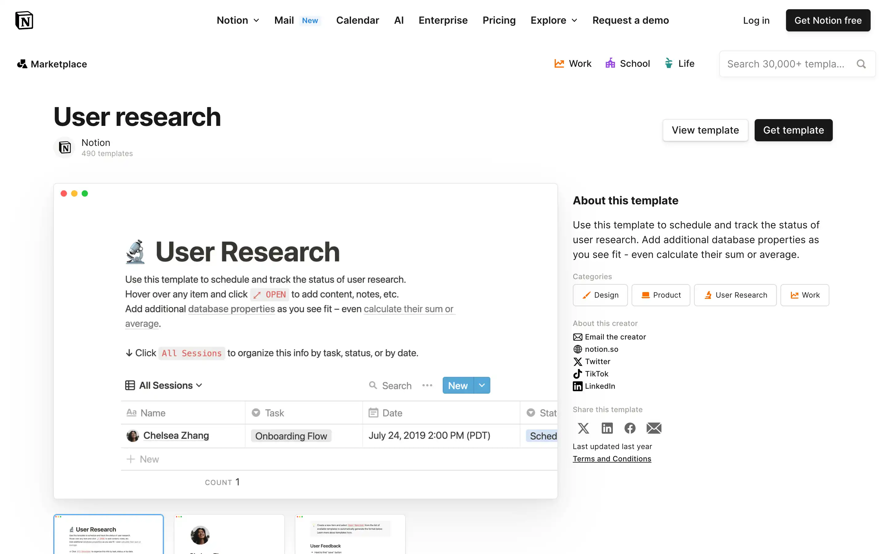 Notion user research template overview page.