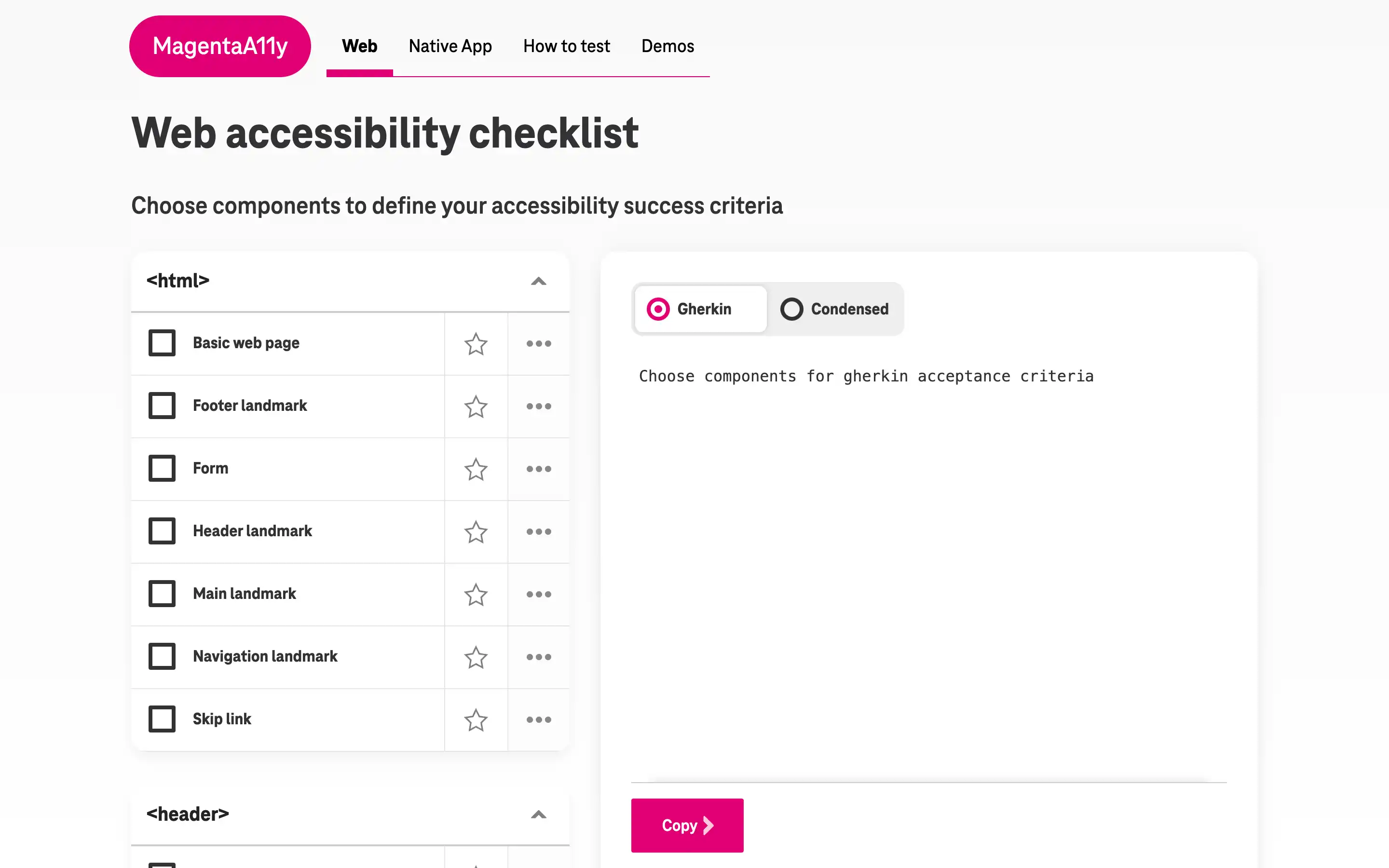 Web accessibility checklist interface for components selection