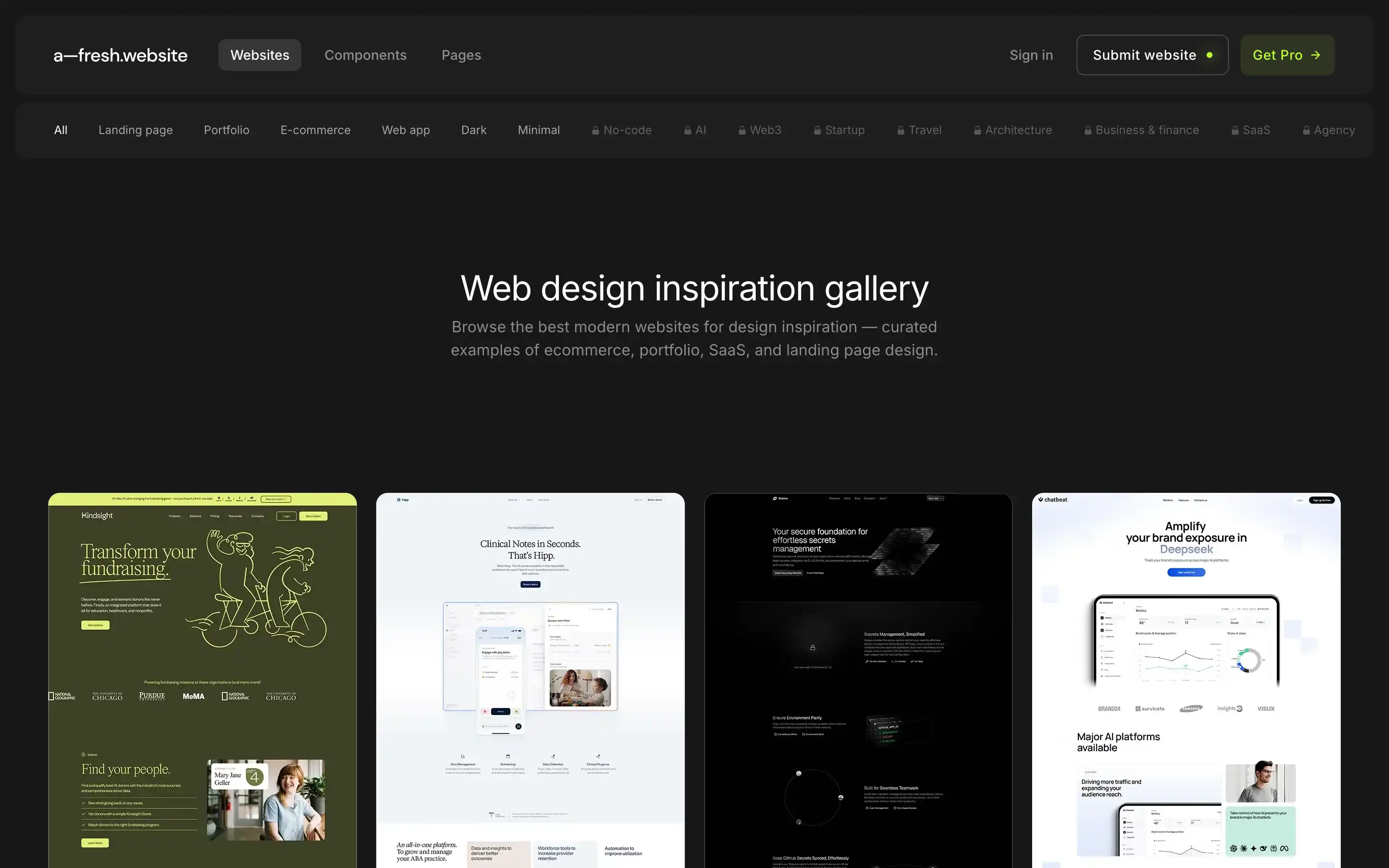 Web design inspiration gallery with curated website examples.