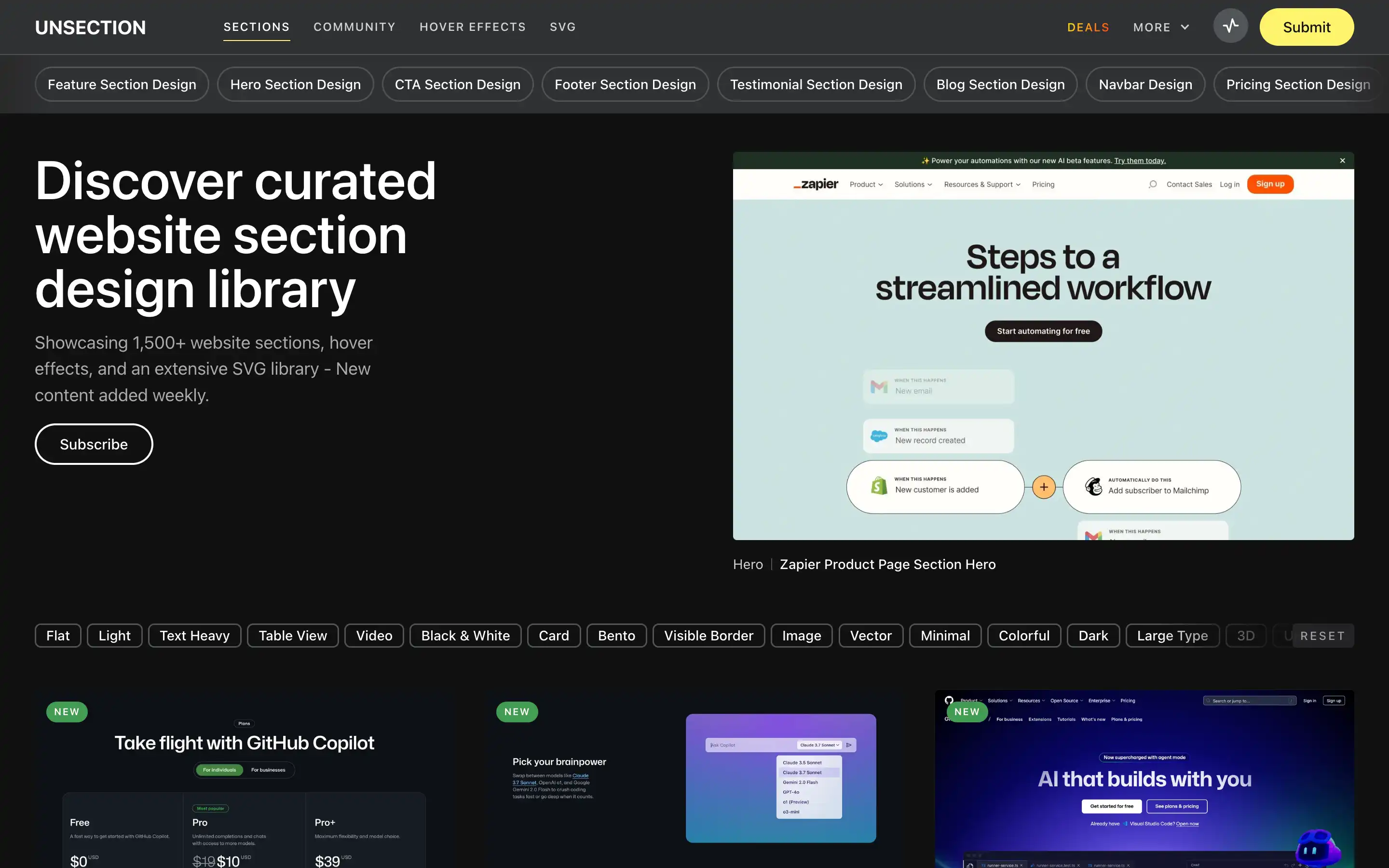Curated website section design library and tools.