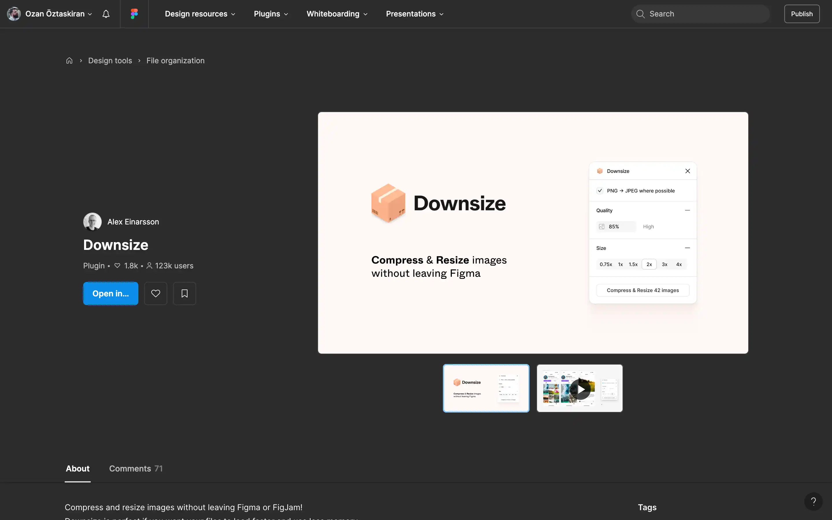 Figma plugin Downsize for image compression and resizing.