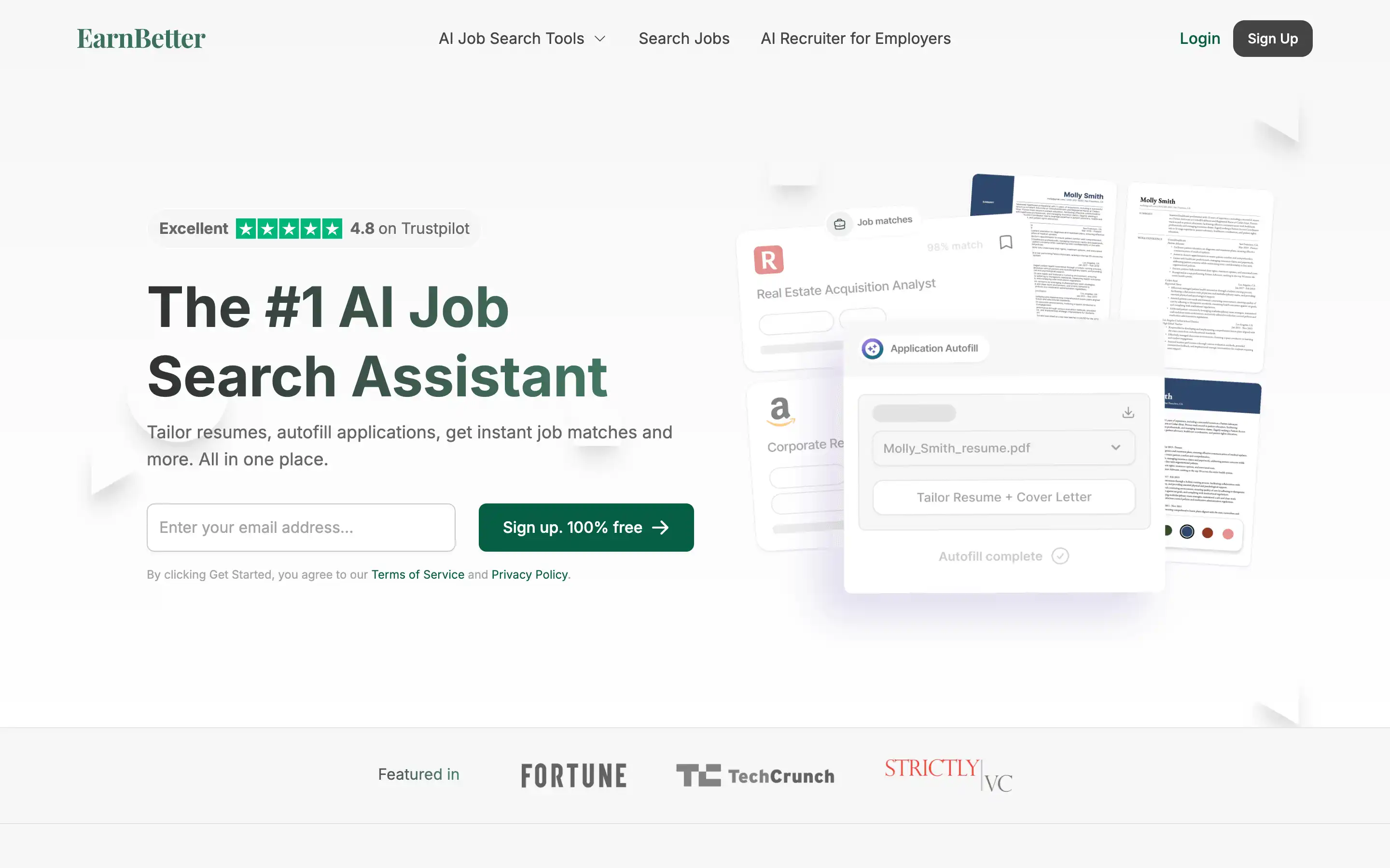 AI job search assistant homepage screenshot.