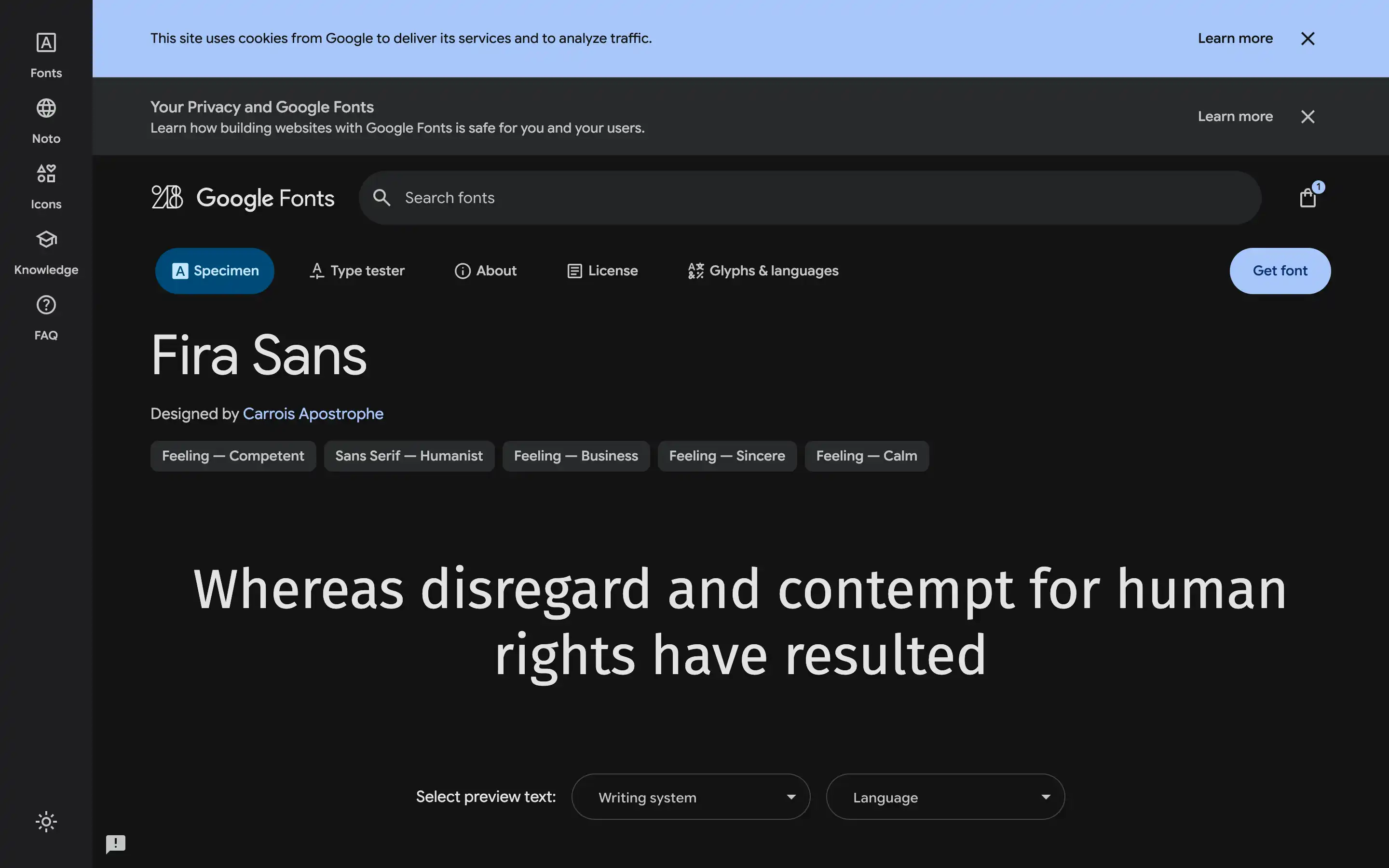 Google Fonts preview page for Fira Sans font.