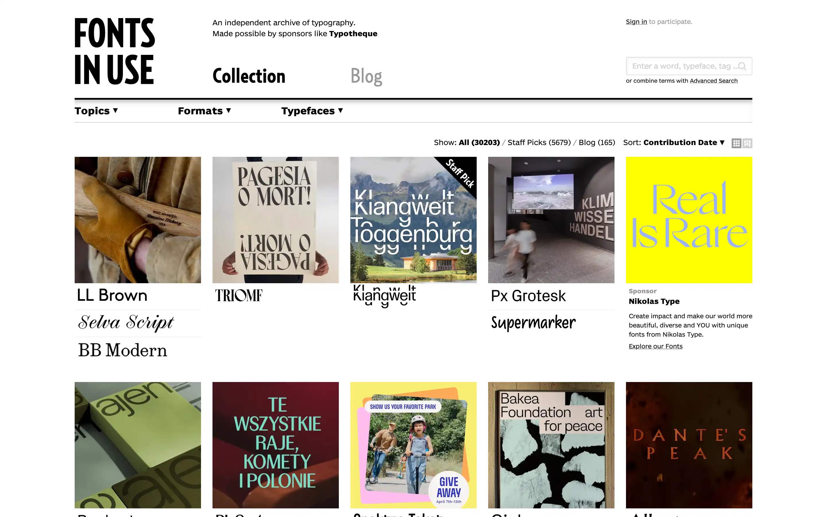 Fonts In Use website displaying various typefaces.