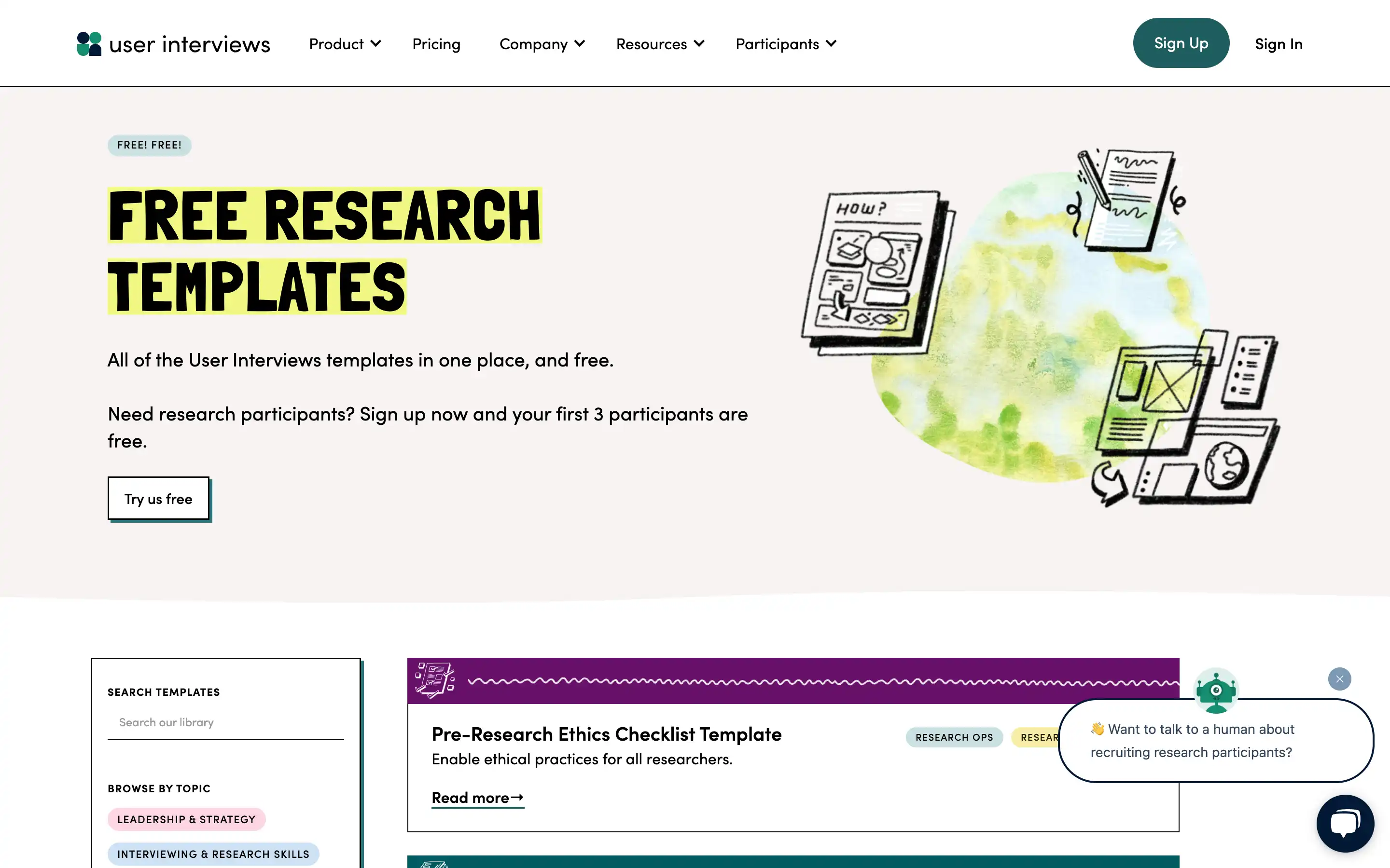Free research templates on user interviews page.