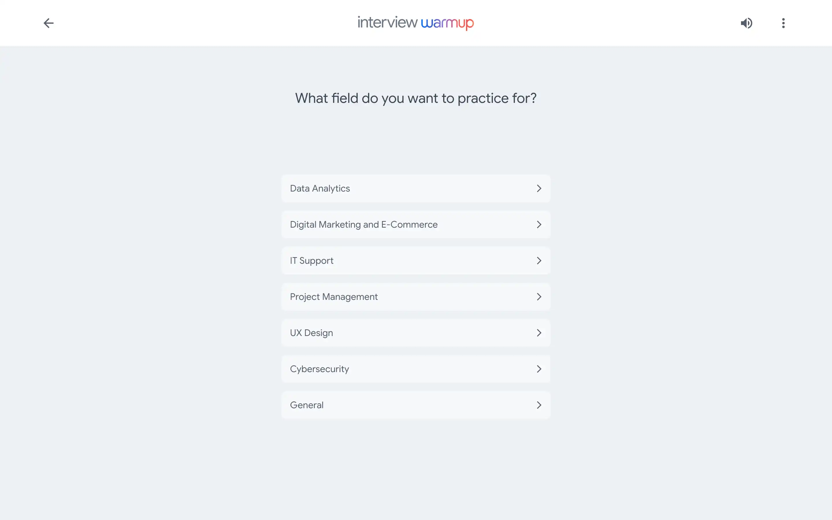 Interview practice fields selection menu.