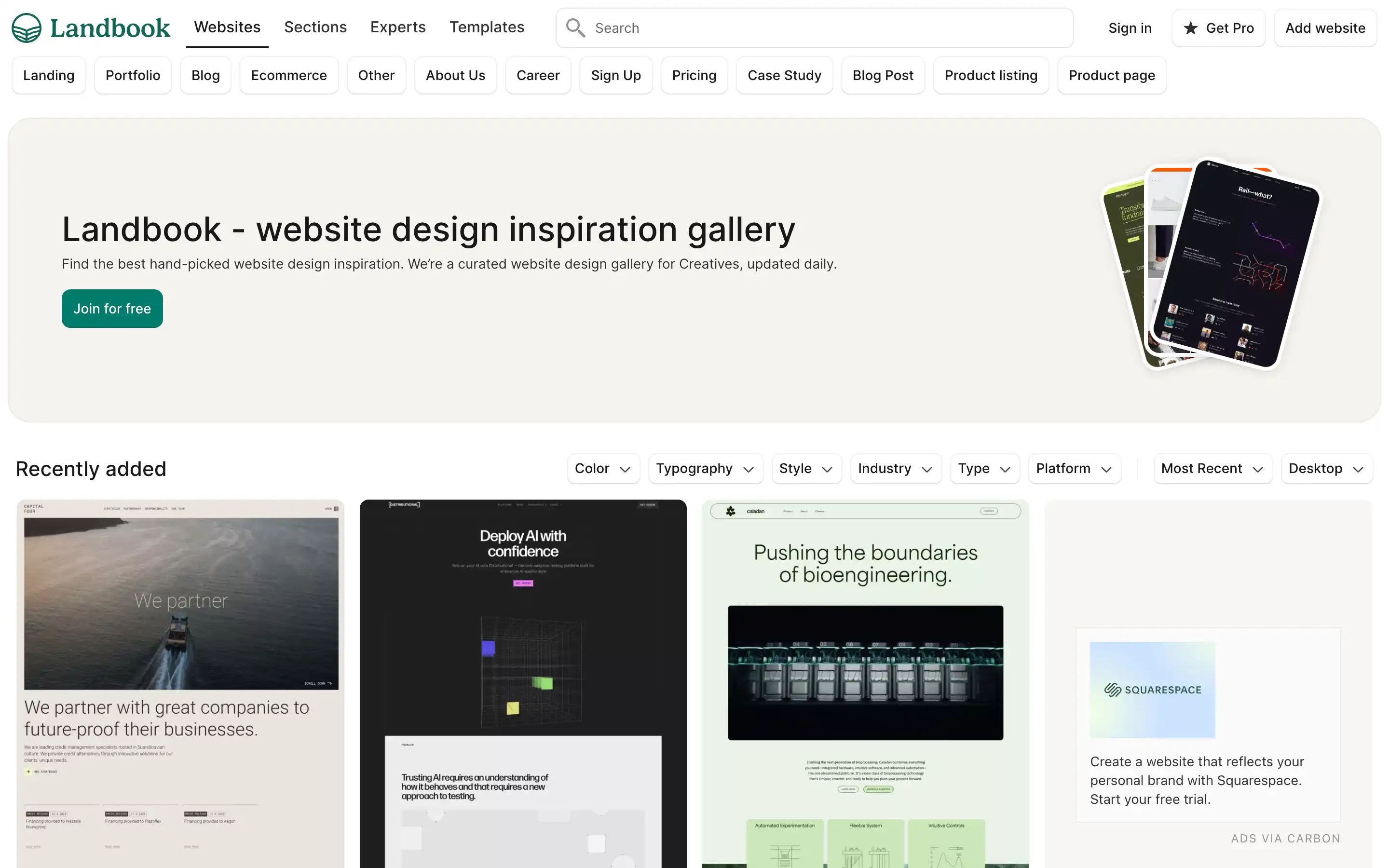 Landbook website design inspiration gallery homepage.