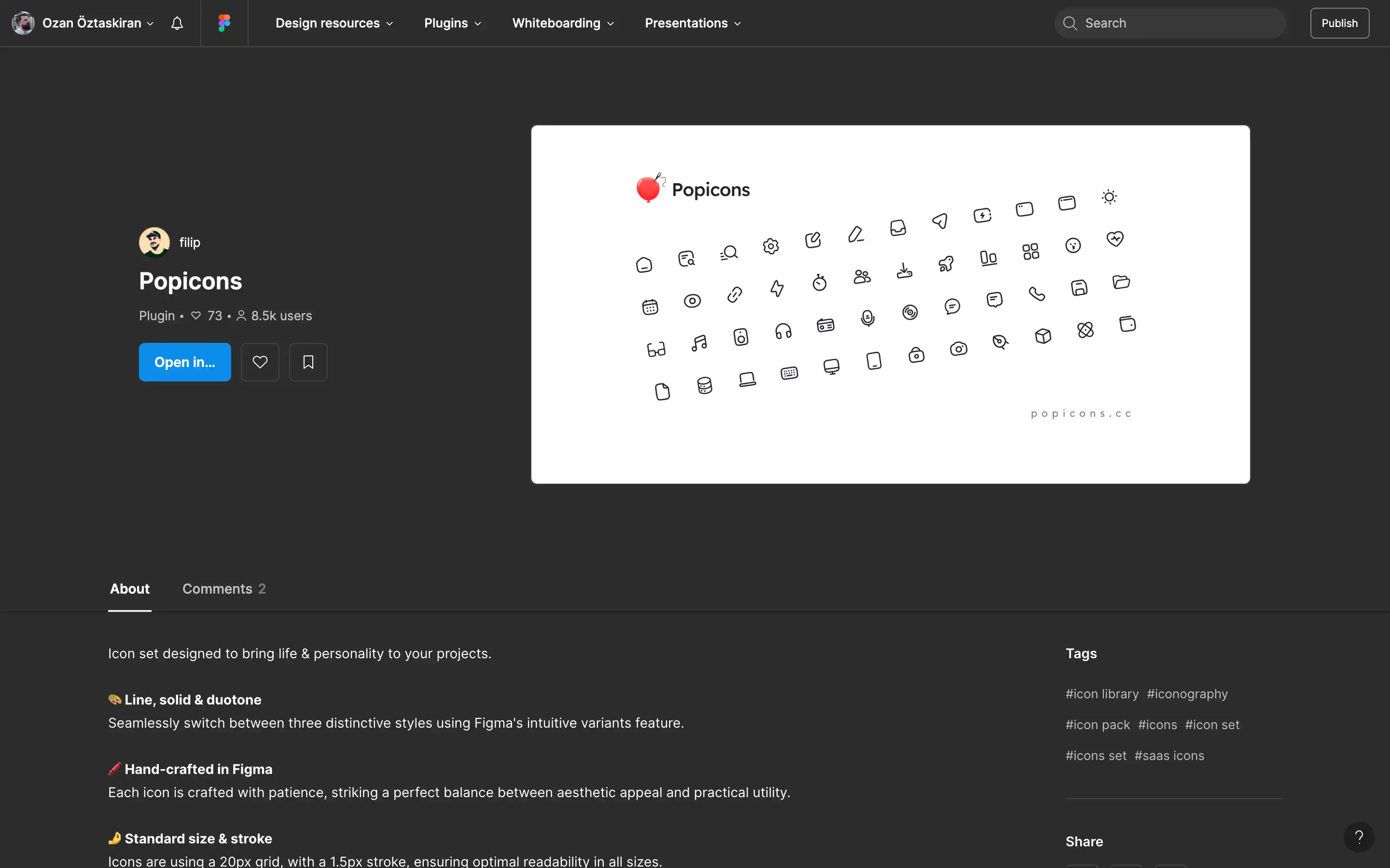 Popicons plugin page showcasing various icon styles.