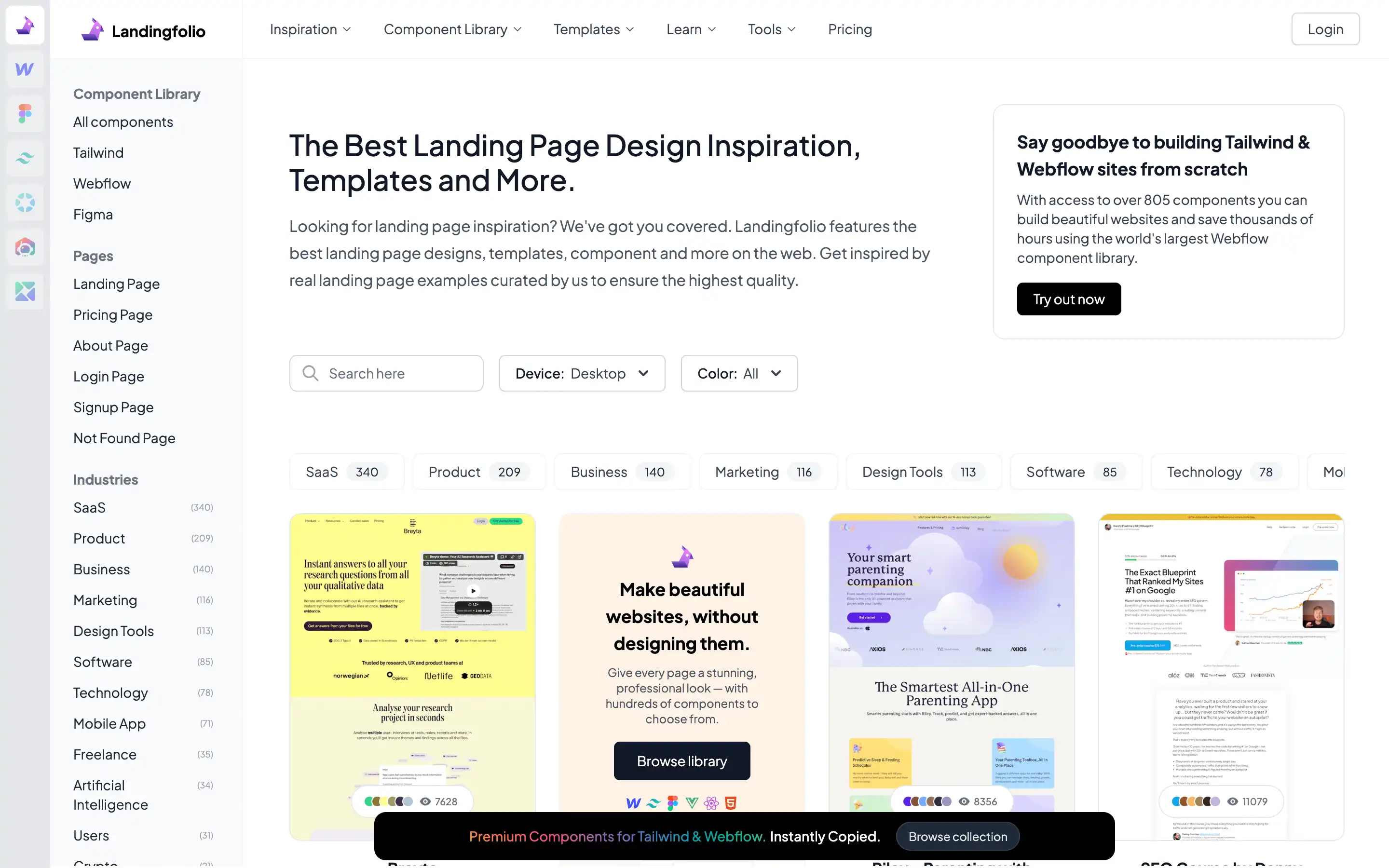 Landingfolio homepage with design inspirations and templates.