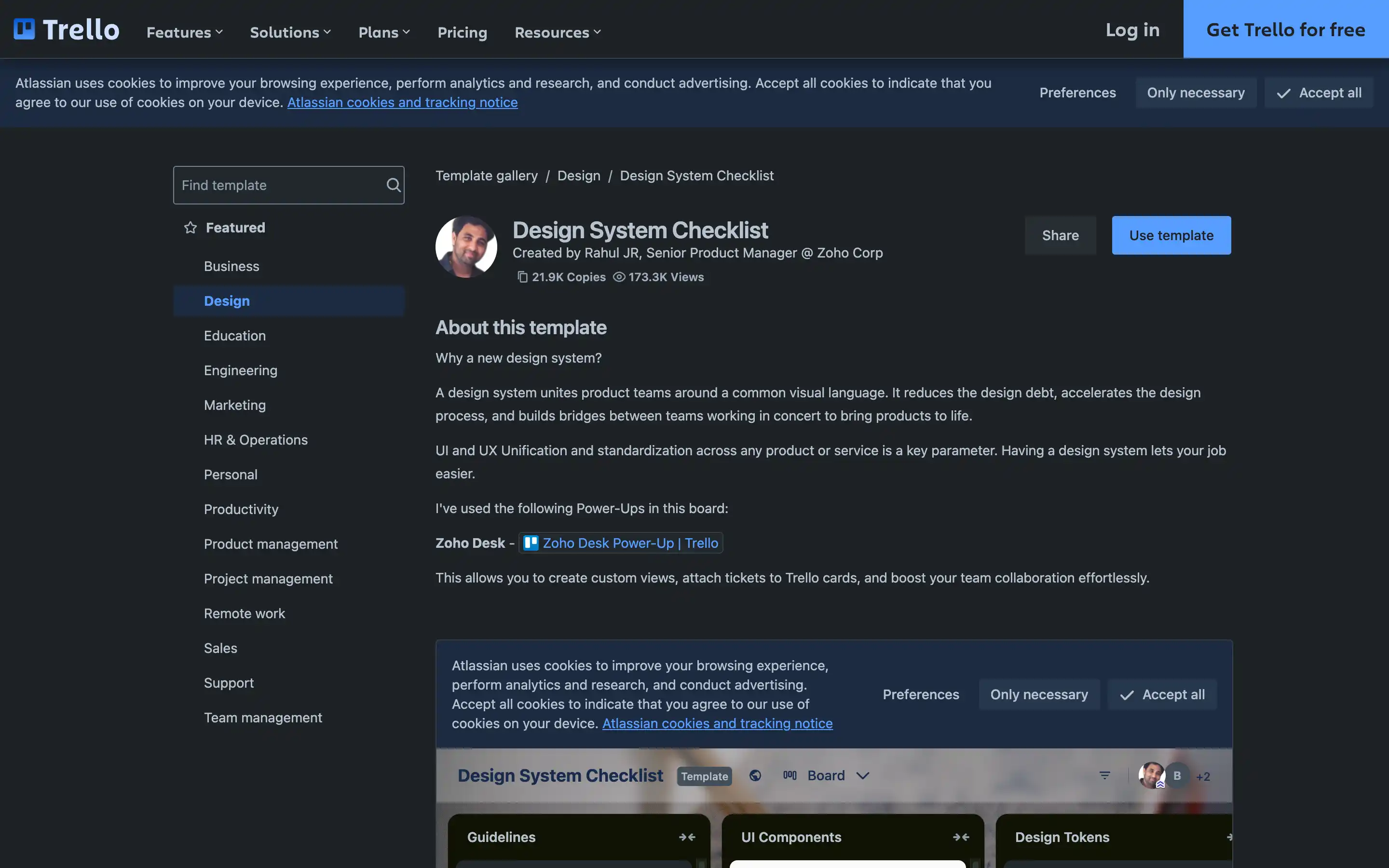Trello design system checklist template page screenshot.