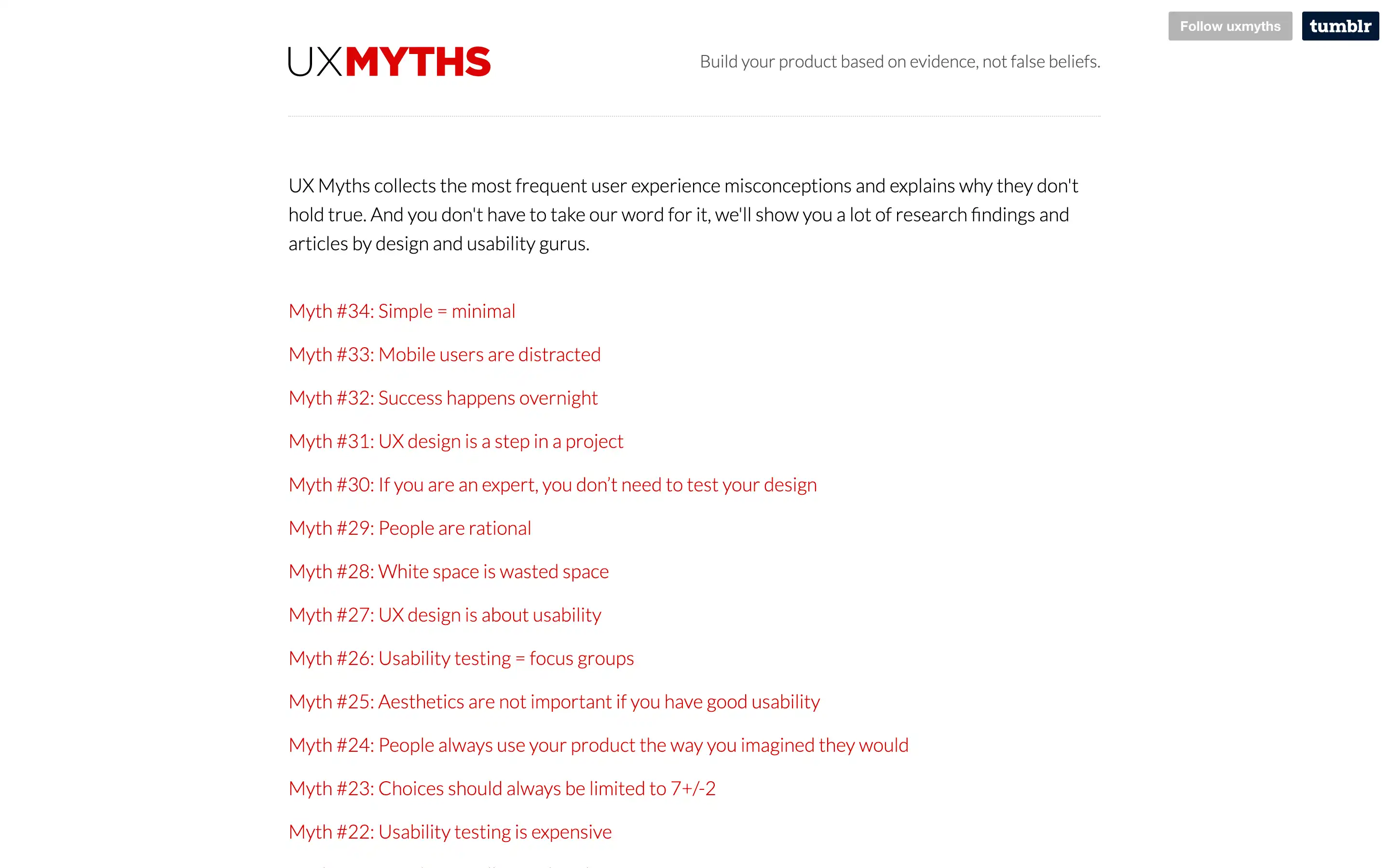 UX Myths list of common misconceptions.