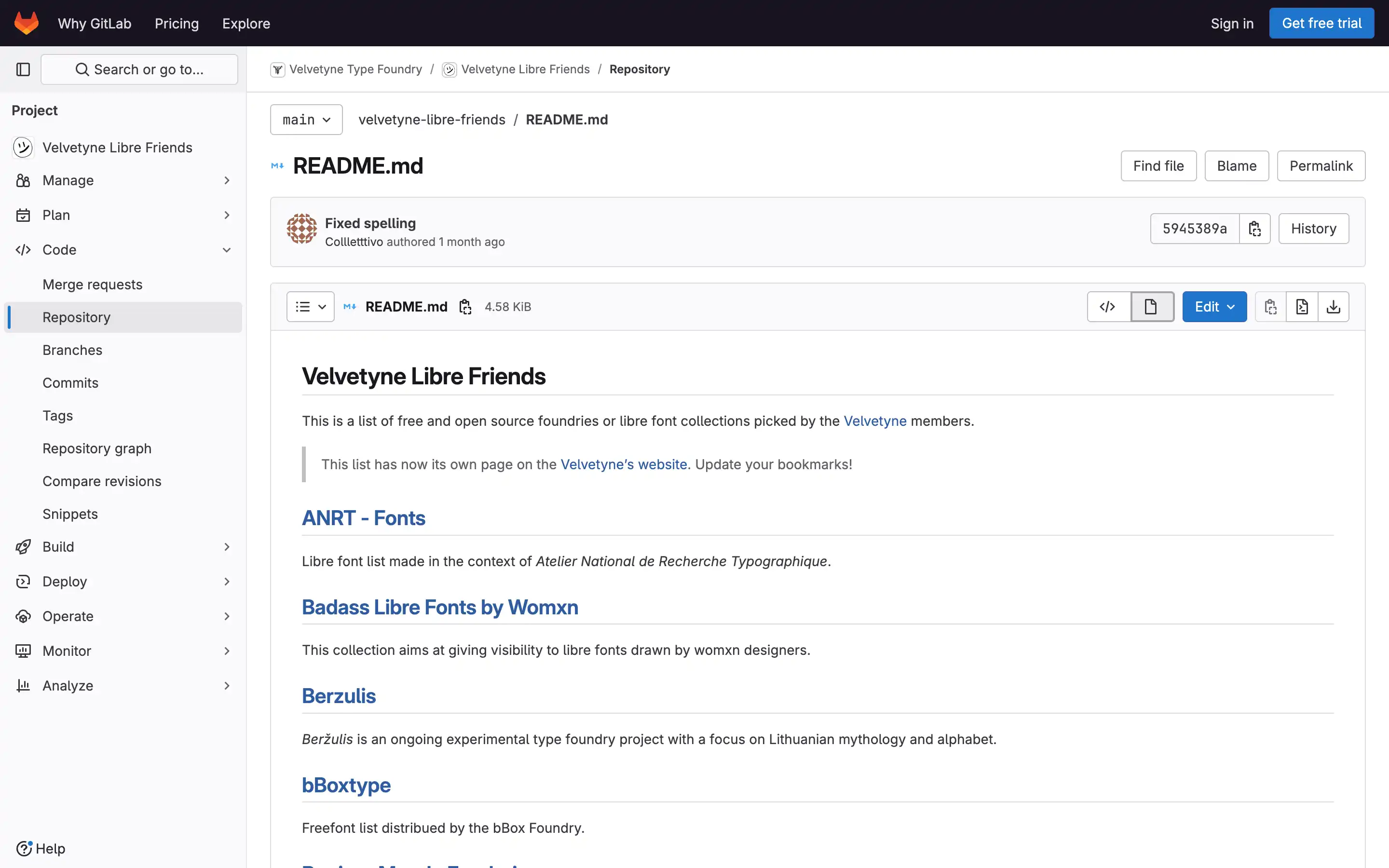 GitLab repository page for Velvetyne Libre Friends.