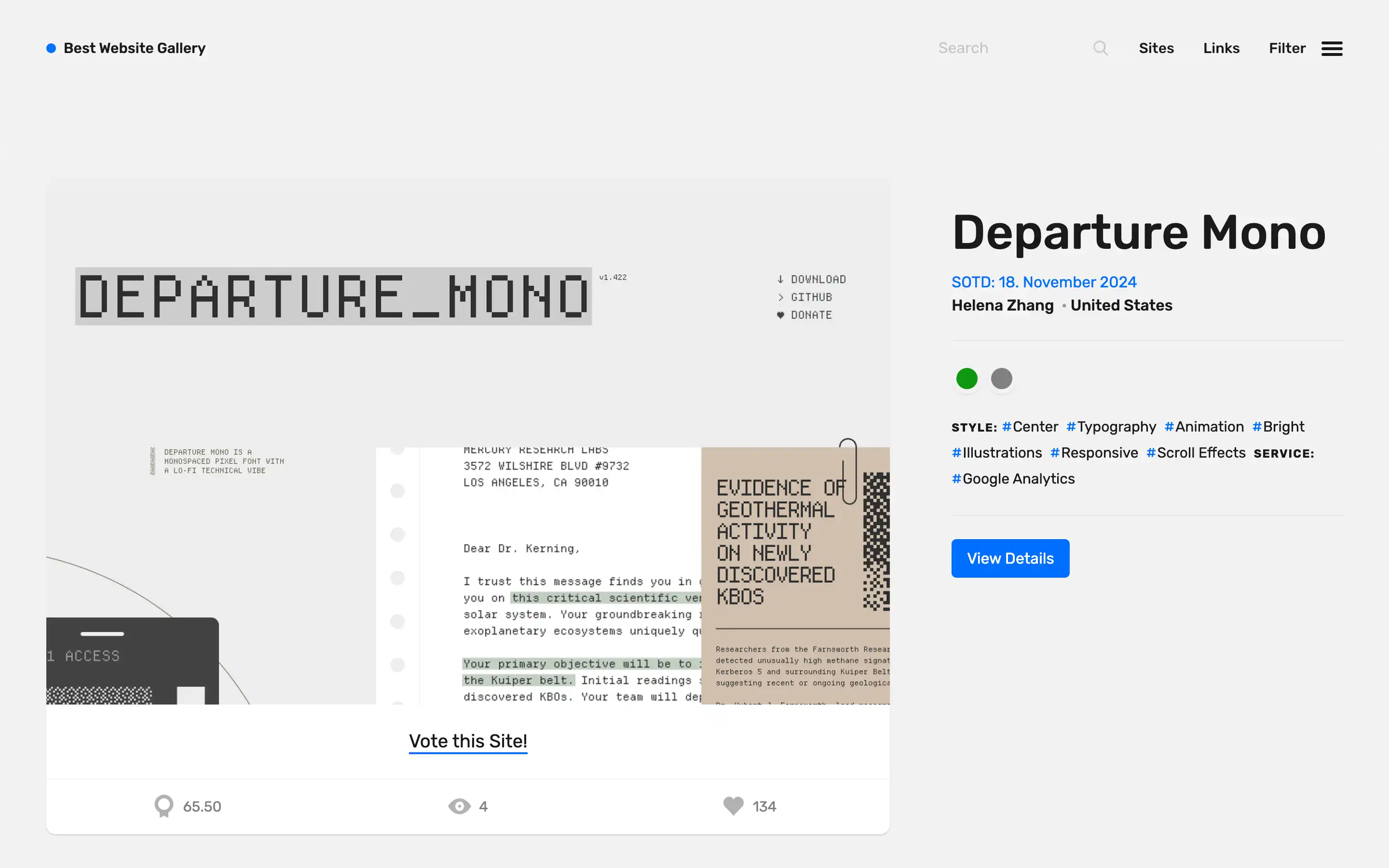 Departure Mono website screenshot for font download.