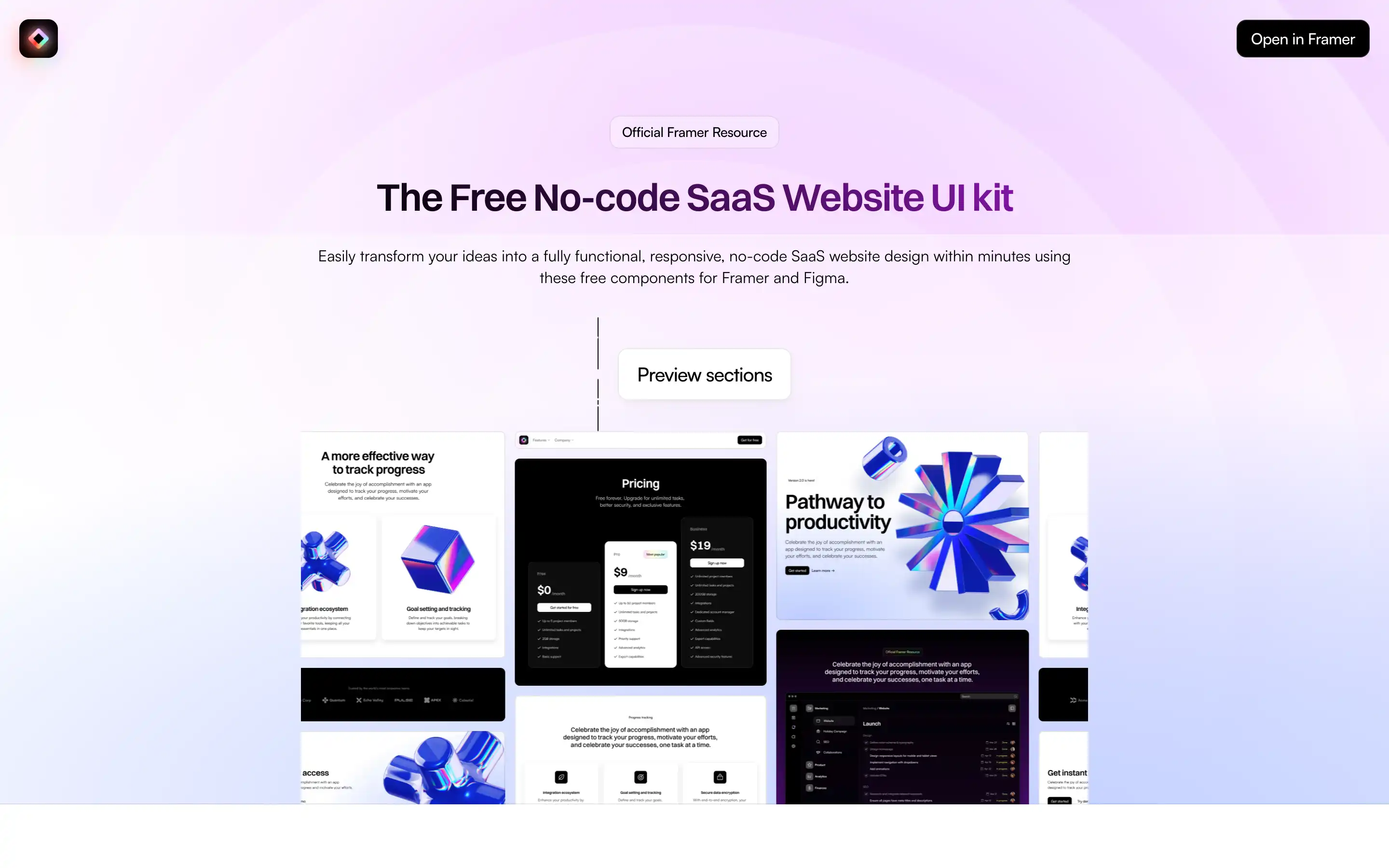 Free no-code SaaS website UI kit preview.