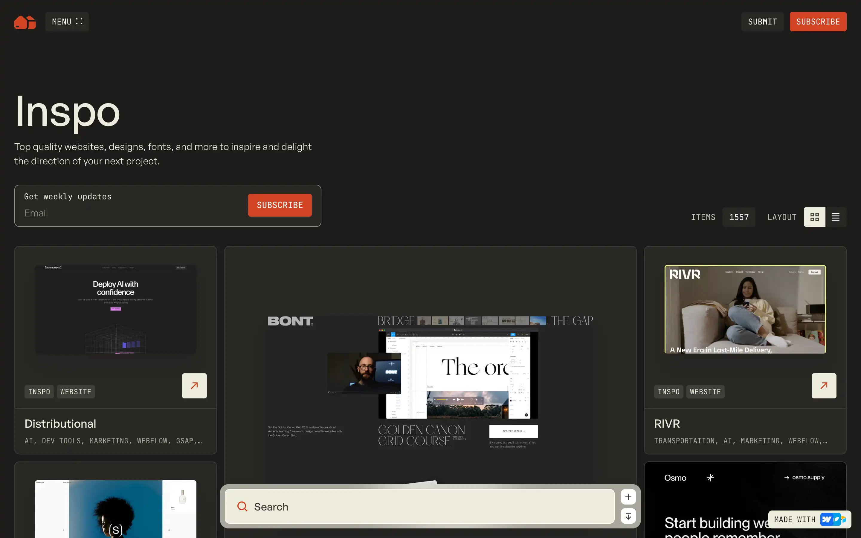 Inspo website homepage featuring design inspirations.