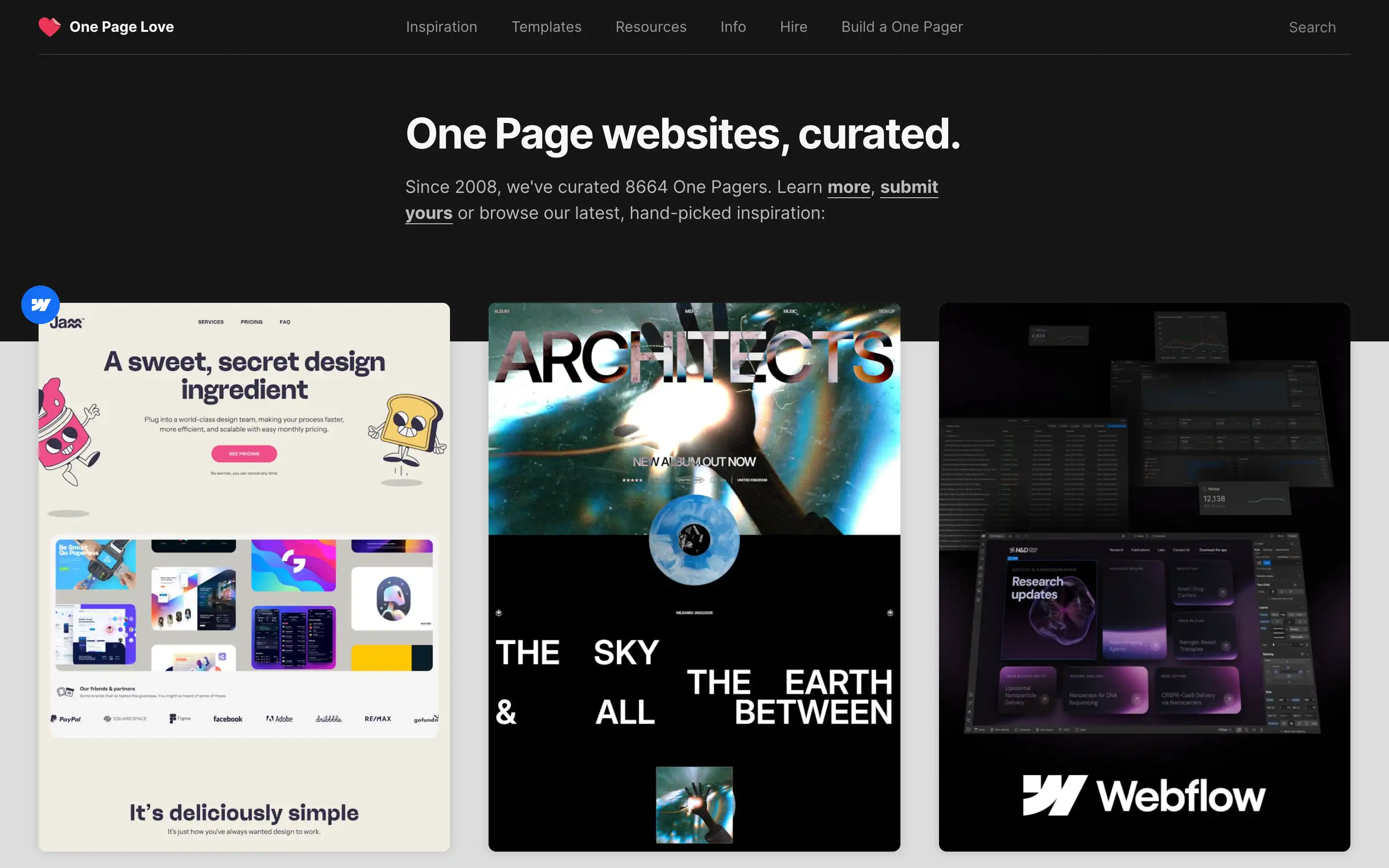 Curated one-page website designs collection
