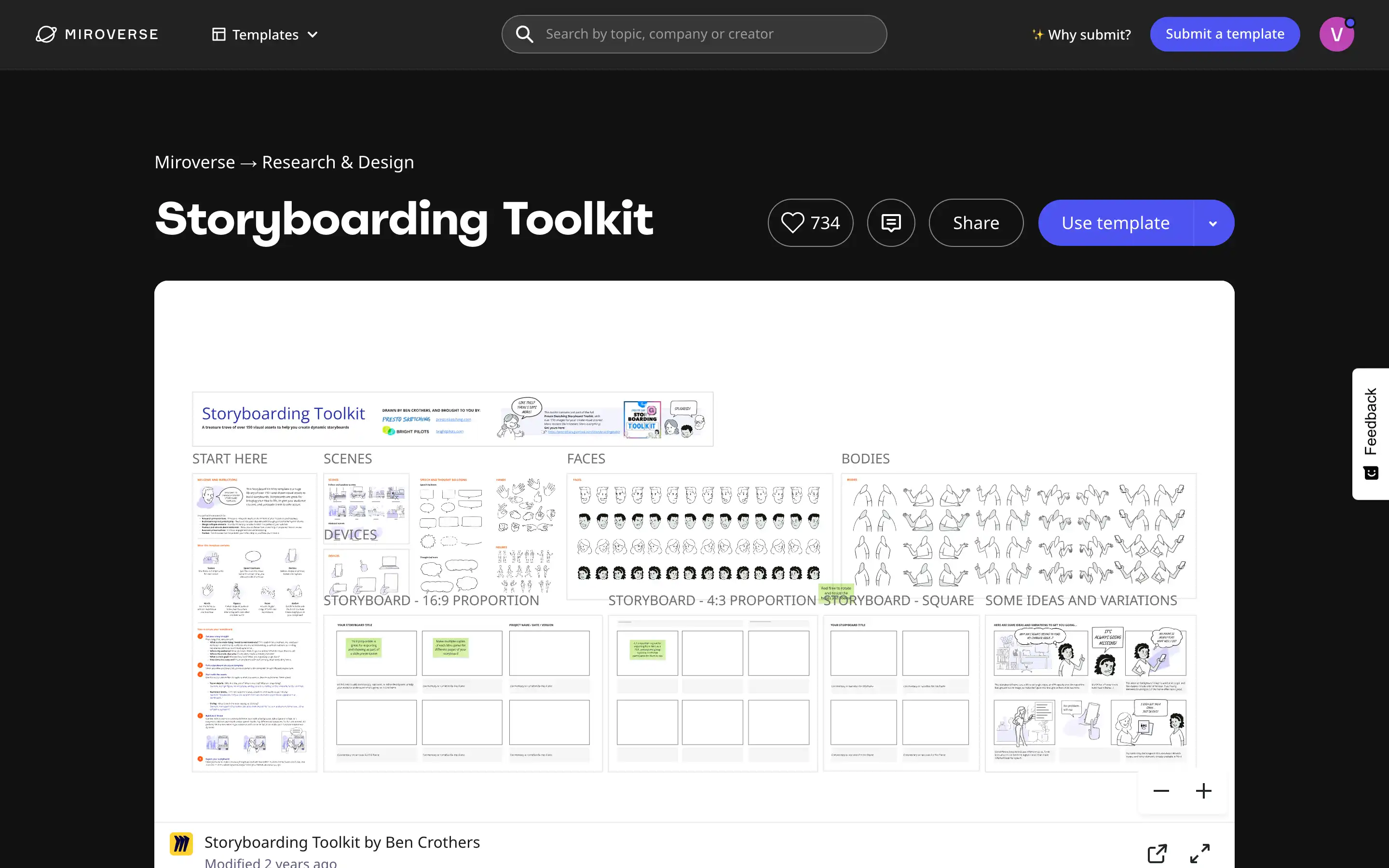 Storyboarding Toolkit template overview on Miroverse page.