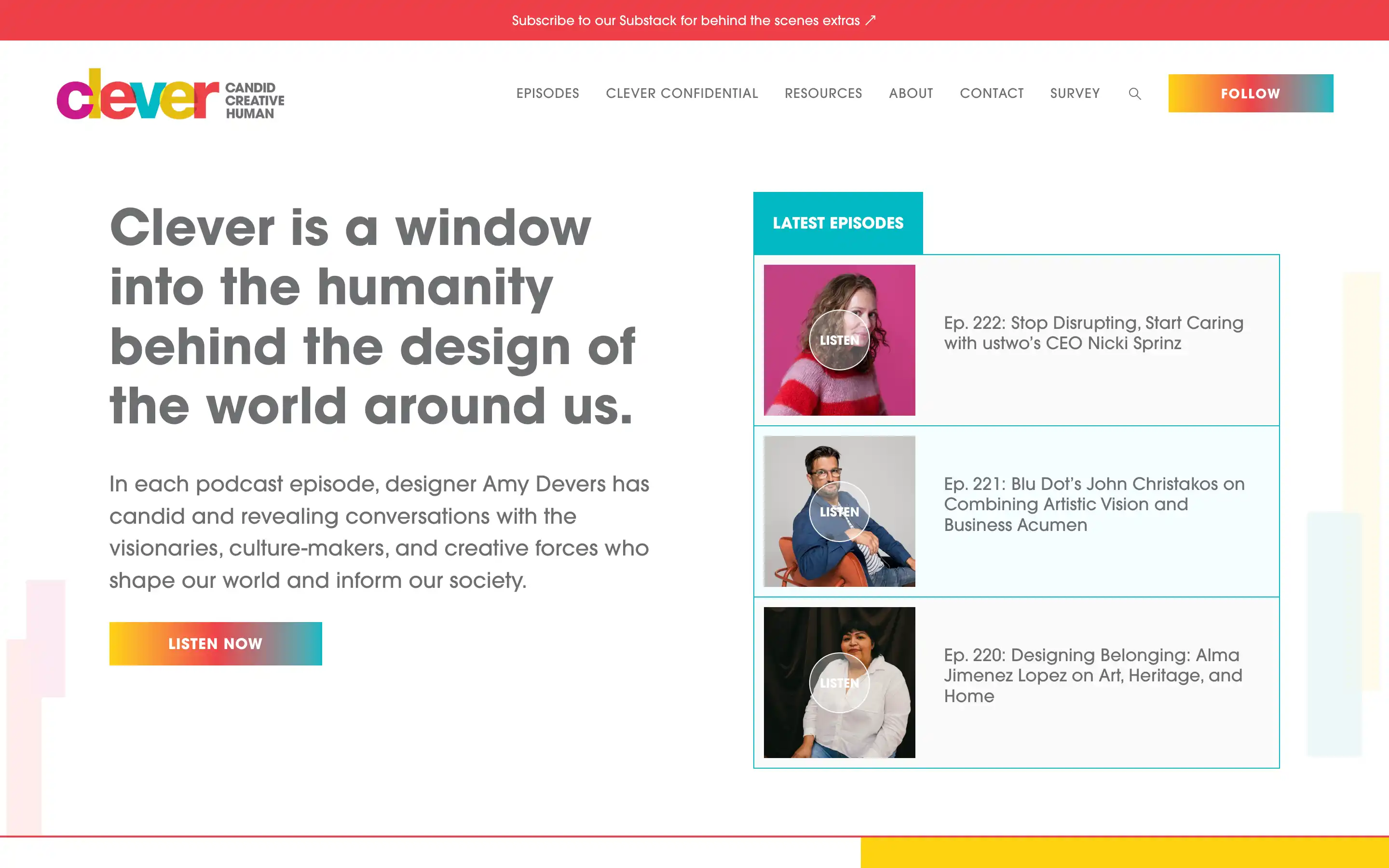 Clever podcast homepage promoting design and creativity episodes.